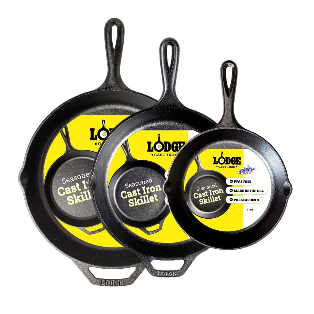 Lodge Pre-Seasoned Cast Iron Skillet Set - Set Includes 8 Inch Skillet, 10.25 Inch Skillet, and 12 inch Skillet - 3 Piece | Non-Toxic & Naturally Non-Stick Cast Iron Pan, Compatible with Oven, Stove, Grill & Campfire, Made in USA