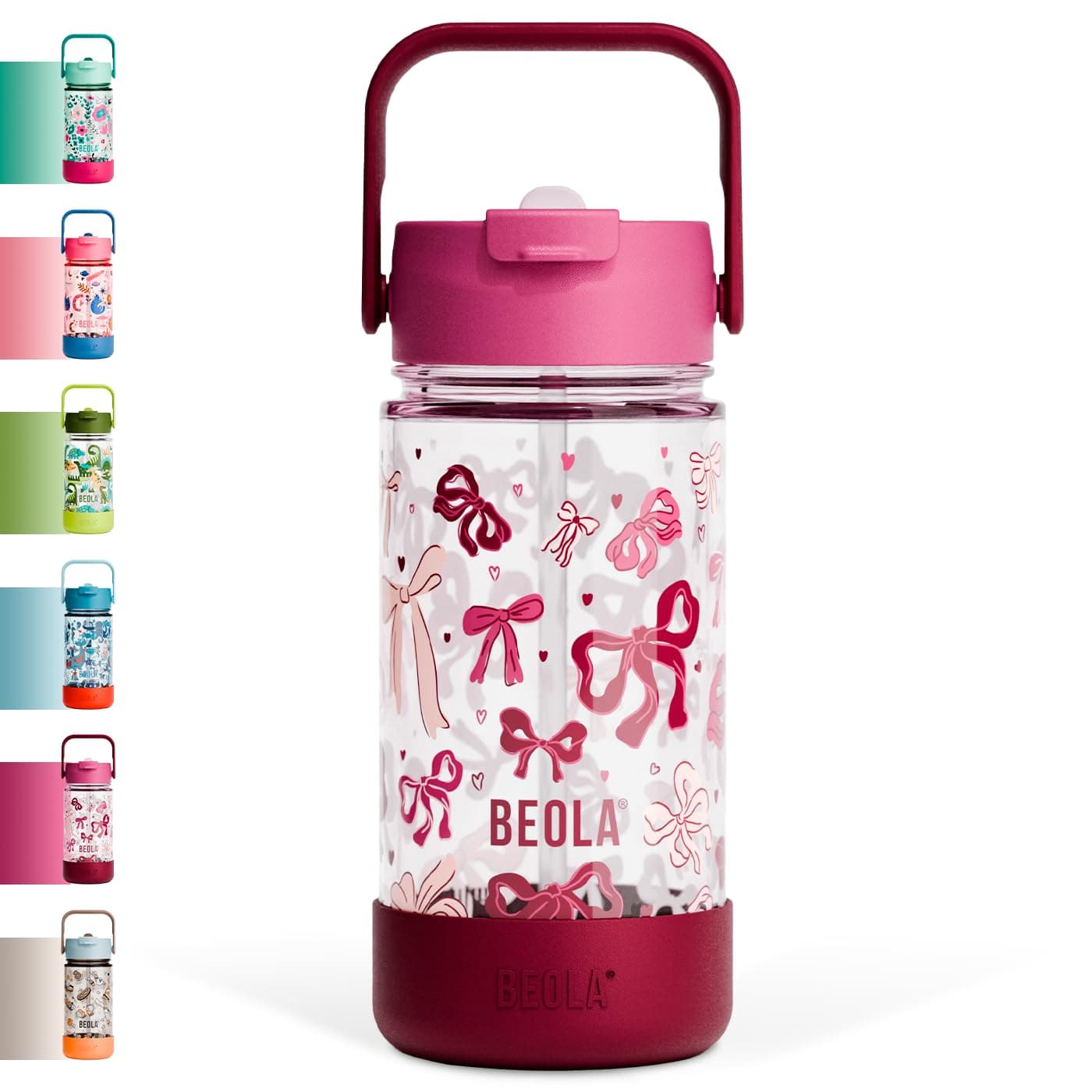 BEOLA 500ml Kids Water Bottle with Straw Lid and Silicone Protective Boot, Tritan Plastic, BPA BPS FREE Leak Proof and Drop Resistant Kids Water Bottles for School (Blush & Bows)
