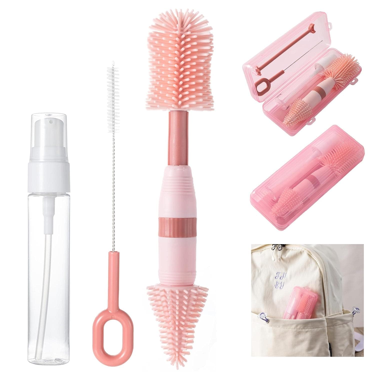 6-in-1 Baby Bottle Cleaning Kit, Portable Travel Bottle Brush Set with Nipple Brush, Straw Brush, Soap Dispenser, Drying Rack & Storage Box, BPA-Free, Compact Infant Feeding Essentials (Pink)