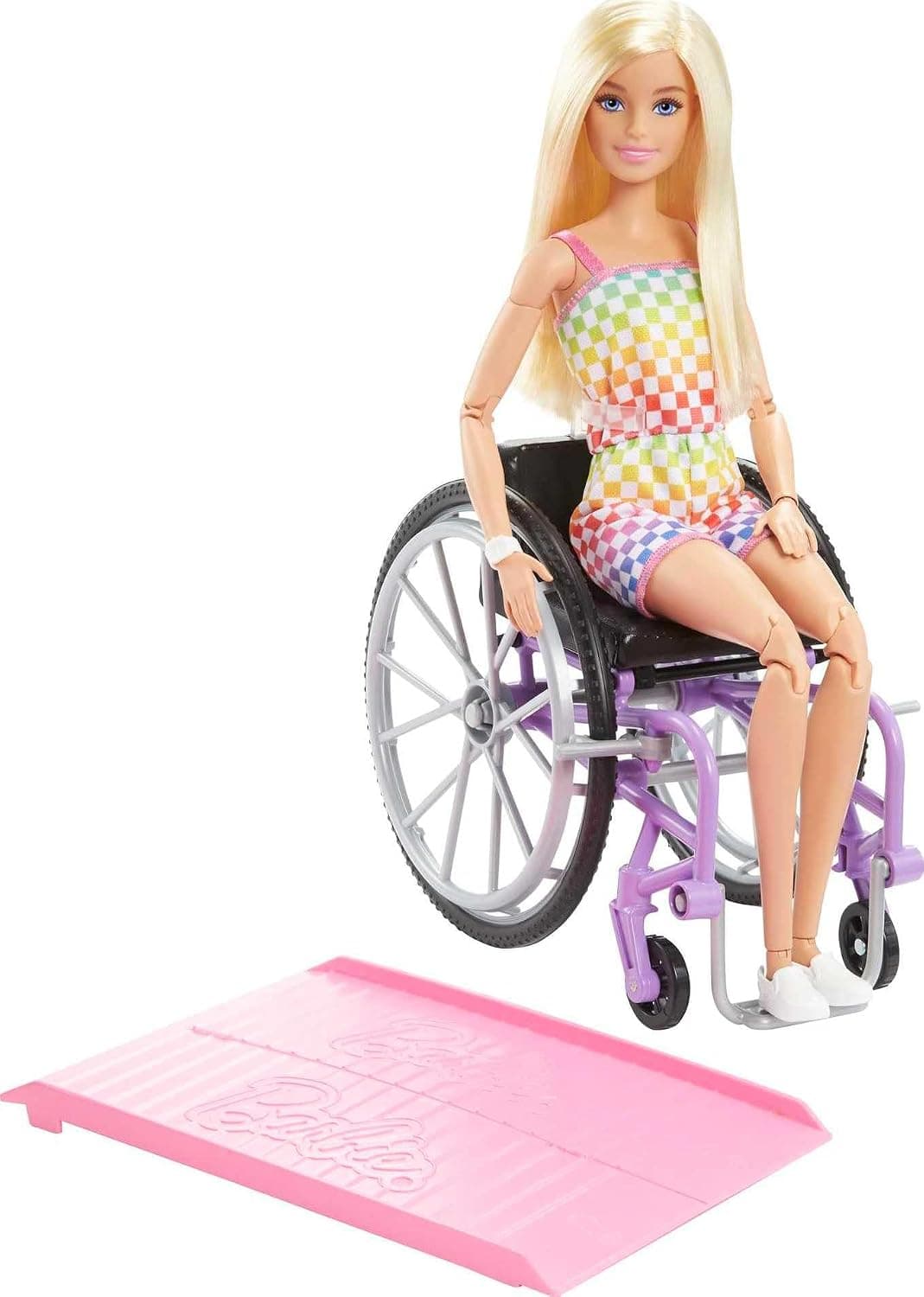 Barbie Fashionistas Doll #194 with Wheelchair & Ramp, Blond Hair, Rainbow Dress & Accessories | Blonde Fashion Wheelchair Doll with Rainbow Romper, from 3 Years HJT13
