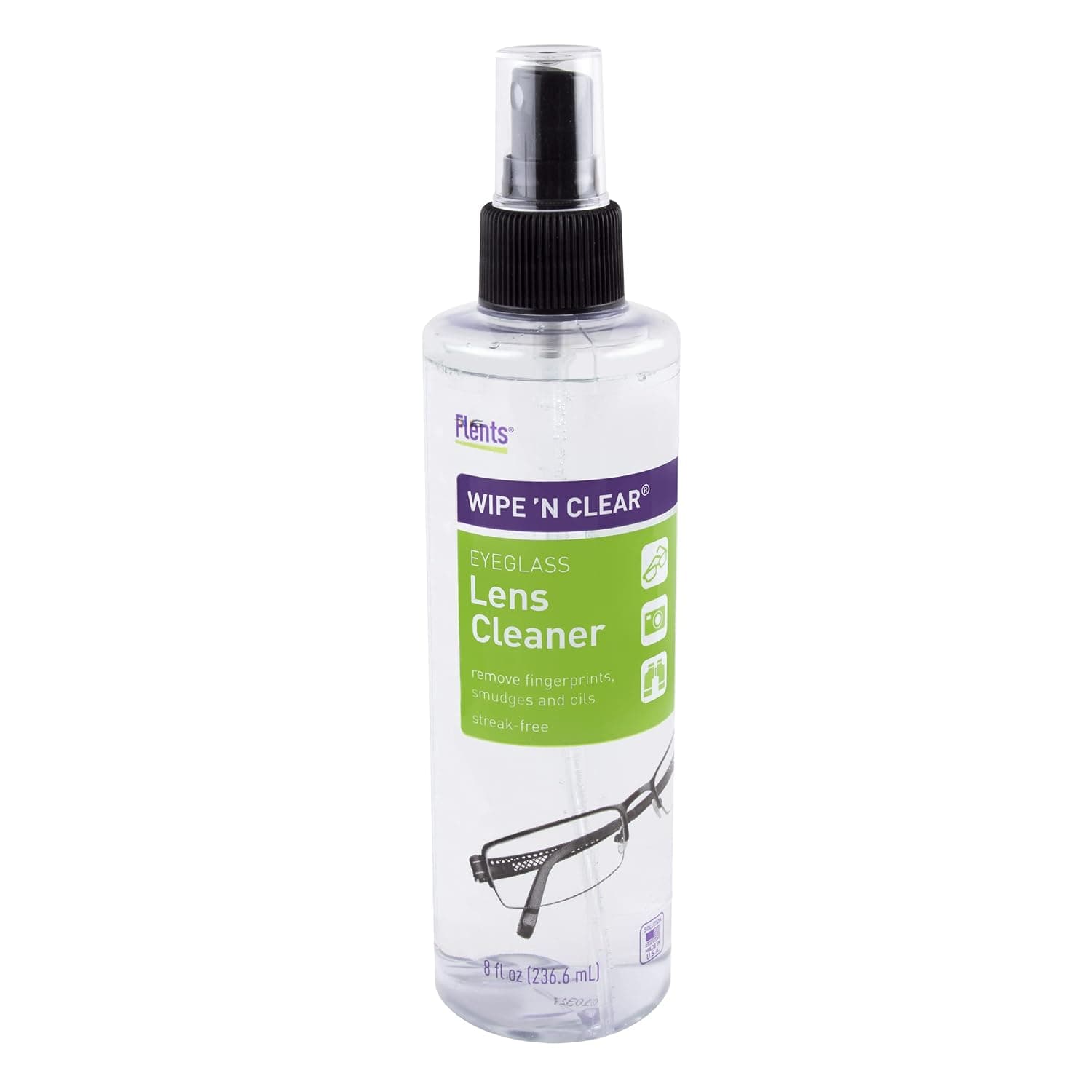 Flents Wipe 'N Clear Eyeglass Optics Lens, Screen and Camera Cleaner Spray Bottle, Streak-Free, Clear, 8 fl oz (236 ml) | Portable, Anti-Fog Streak-Free Smudge-Resistant Formula for Glasses, Sunglasses, Camera Lenses, Safe on Coated Optics Lens