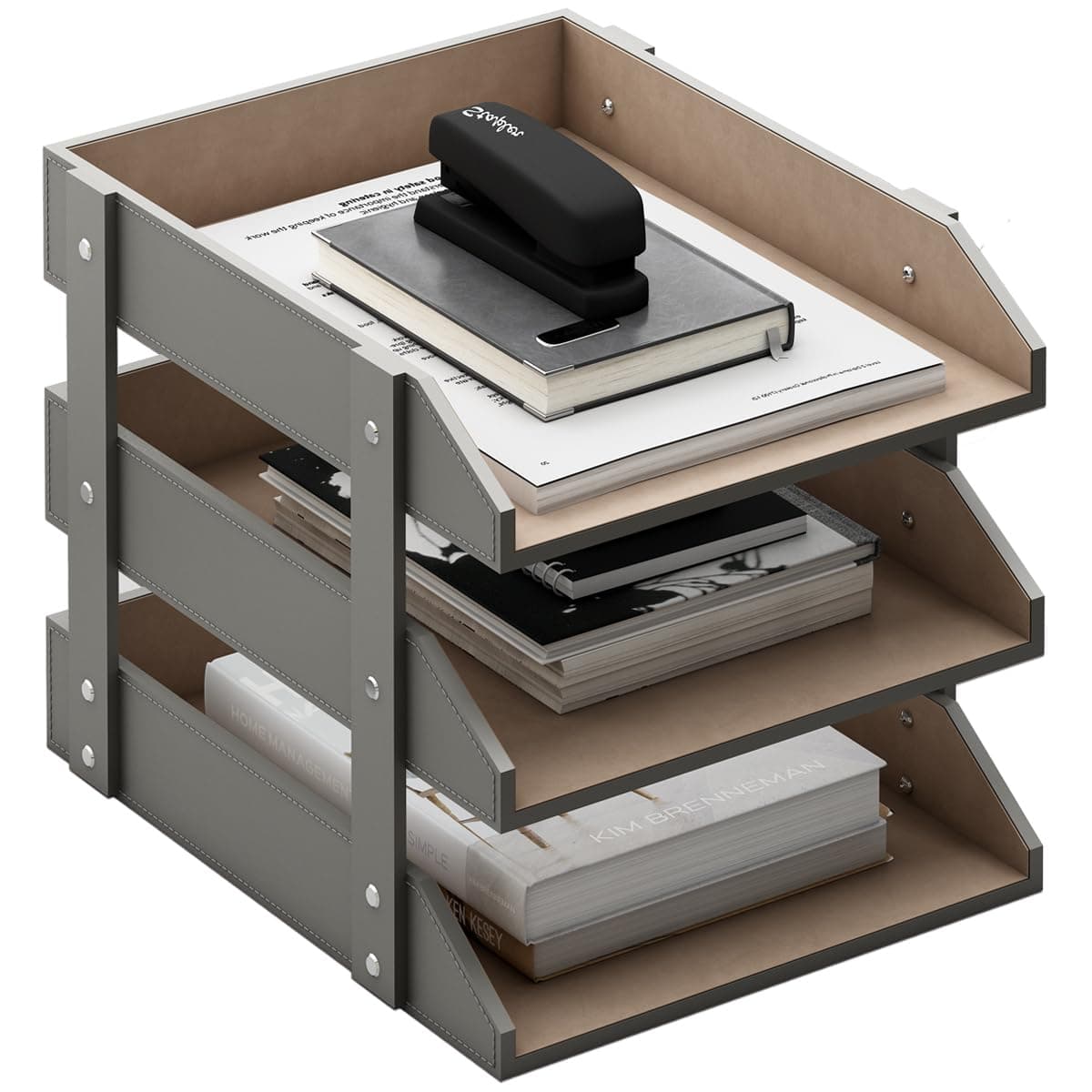 Leather Desk Organizer, 3-Tier Stackable Letter Tray Holder for Office Supplies, Paper, File, Magazine, Perfect Office Organization for Desktop (Grey-3Tiers)