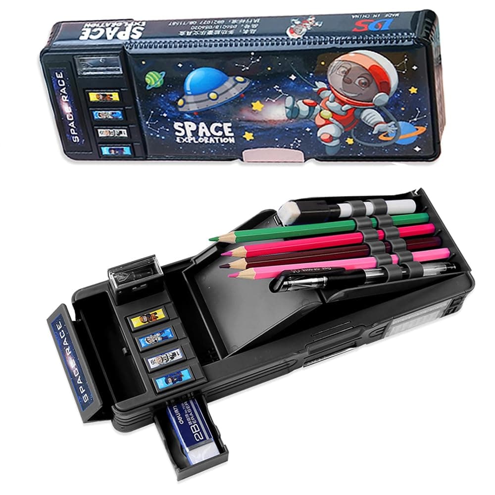 Pop Up Astronaut Pencil Case for Kids, Azonee Multifunction Stationery Organizer Box for Boys, Double-Sided Pencil Case, Cute Cartoon Pen Box Organizer Stationery with Sharpener, Schedule, Whiteboard