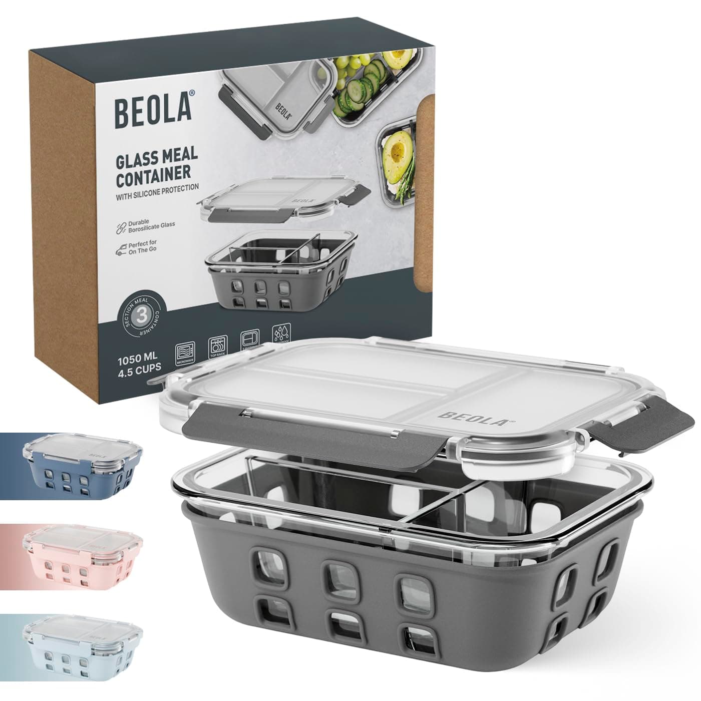 BEOLA 3 Compartment Glass Food Storage Container, Lunch Box, with Airtight Lid and Silicone Protection, Meal Prep Container, Freezer, Dishwasher, Microwave Safe, Glass, 1050ml(Lava Gray)
