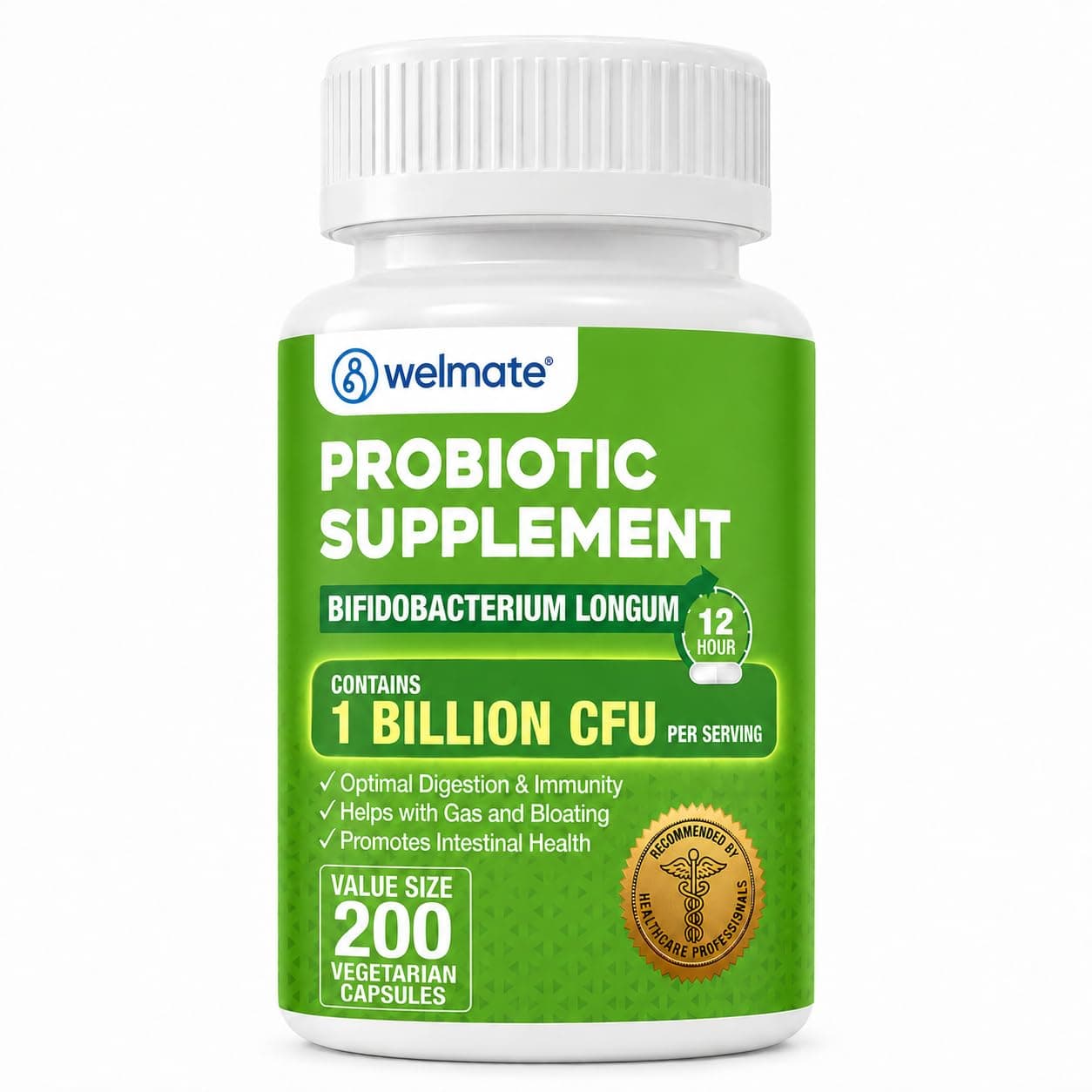 WELMATE Bifidobacterium Longum 1 Billion CFU Probiotic Capsules - Gut Health, Immune Support, Gas & Bloating Relief - Gluten Free, Vegan - Men & Women - 200 Count (200 Day Supply) | Daily vegetarian capsules offer a 200-day supply formulated to support digestive health, immune defense, and gut balance.