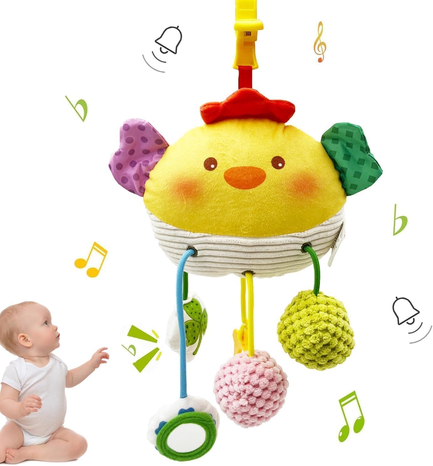 Car Seat Toy for Babies 0-6 Months, Sensory Toy for Babies, Stroller Toys Hanging with Clip, Bell, Drawstring, Crinkle, Teether, Car Seat Toys for Travel Gift Boys Girls Chick