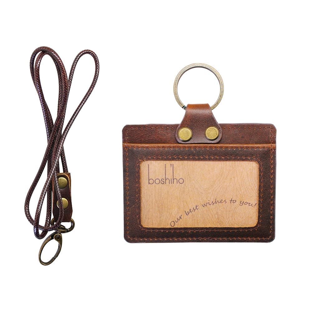 Badge Holder: Boshiho Cowhide Leather ID Badge Card Holder with Neck Lanyard, Horizontal Style Credit Card Holders for Office Students Business (Dark Brown1)