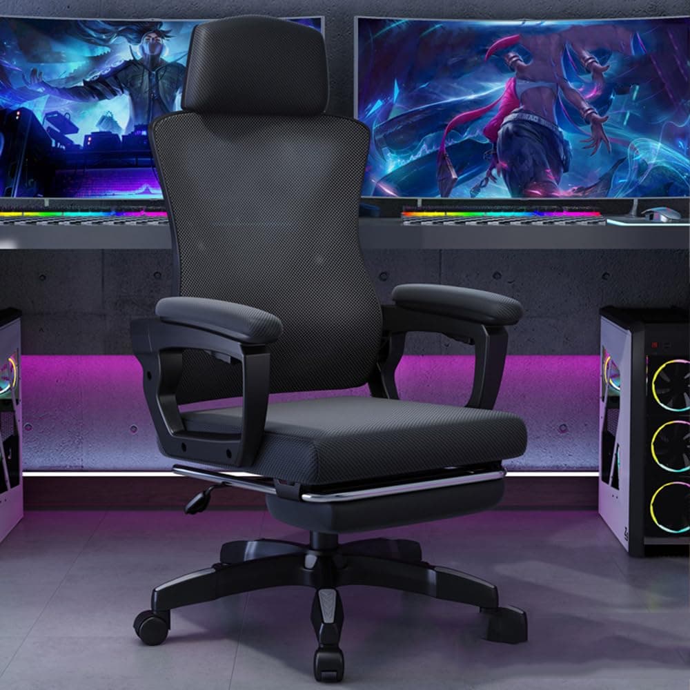 IEK Ergonomic Desk Chair, Mid-Century Modern Style, Black, Office Chair, Adjustable Height, Flip-up Arms, Mesh Backrest, Lumbar Support, Swivel, Wheels, Comfortable, Space Saving