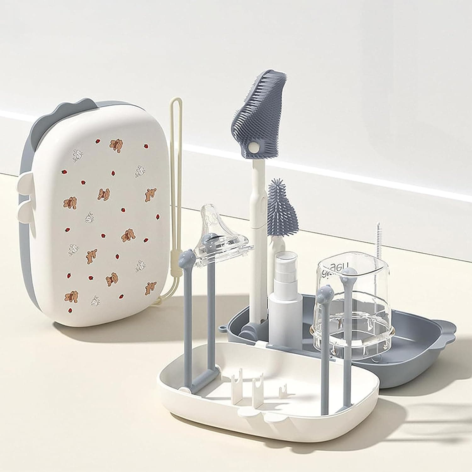 Soofam Baby Bottle Brush Set with Stand and Drying Rack - 7 in 1 Travel Bottle Cleaning Kit with Straw & Bottle Cleaner Brush - Essential Cleaning Supplies for Newborn and Travel Bottle Washer(Grey)