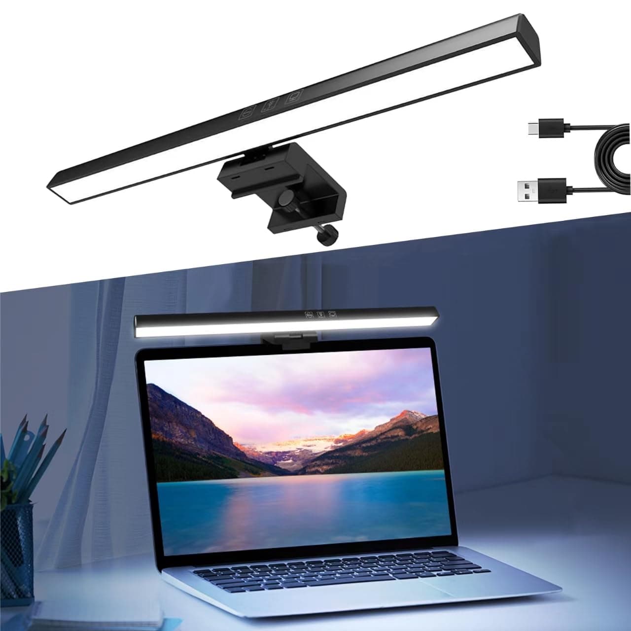 مصباح شاشة الكمبيوتر من فيكونتك، شريط إضاءة USB للشاشة، حماية للعيون بدون وهج الشاشة، إضاءة LED قابلة للتعتيم بثلاث درجات حرارة لونية وتحكم باللمس، مناسب للمكاتب والقراءة والألعاب (33 سم)