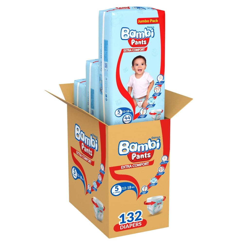 Sanita Bambi Diaper Pants Size 5, 12-18kg - Flexible Pull-Ups with Absorbent Core & Stretchy Waistband, Wetness Indicator, Leakage Protection - Day & Night Protection, Carton 3x44 - 132 Count
