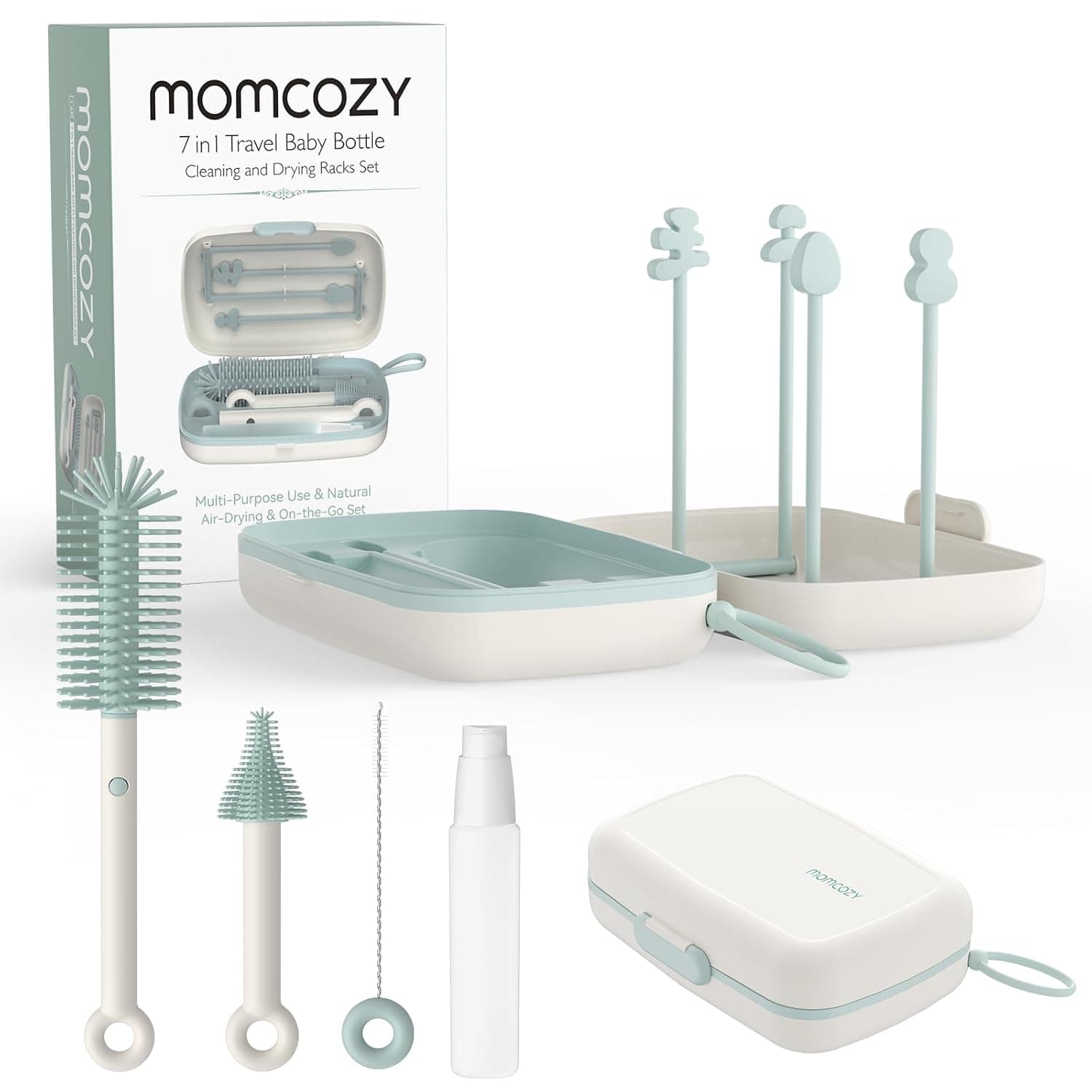 Momcozy 7-in-1 Baby Bottle Brush Set with Drying Rack, Green | Silicone Nipple Straw Brushes, Soap Dispenser Storage Box, Foldable Drain Rack, Portable Bag, BPA-Free, Home & Travel