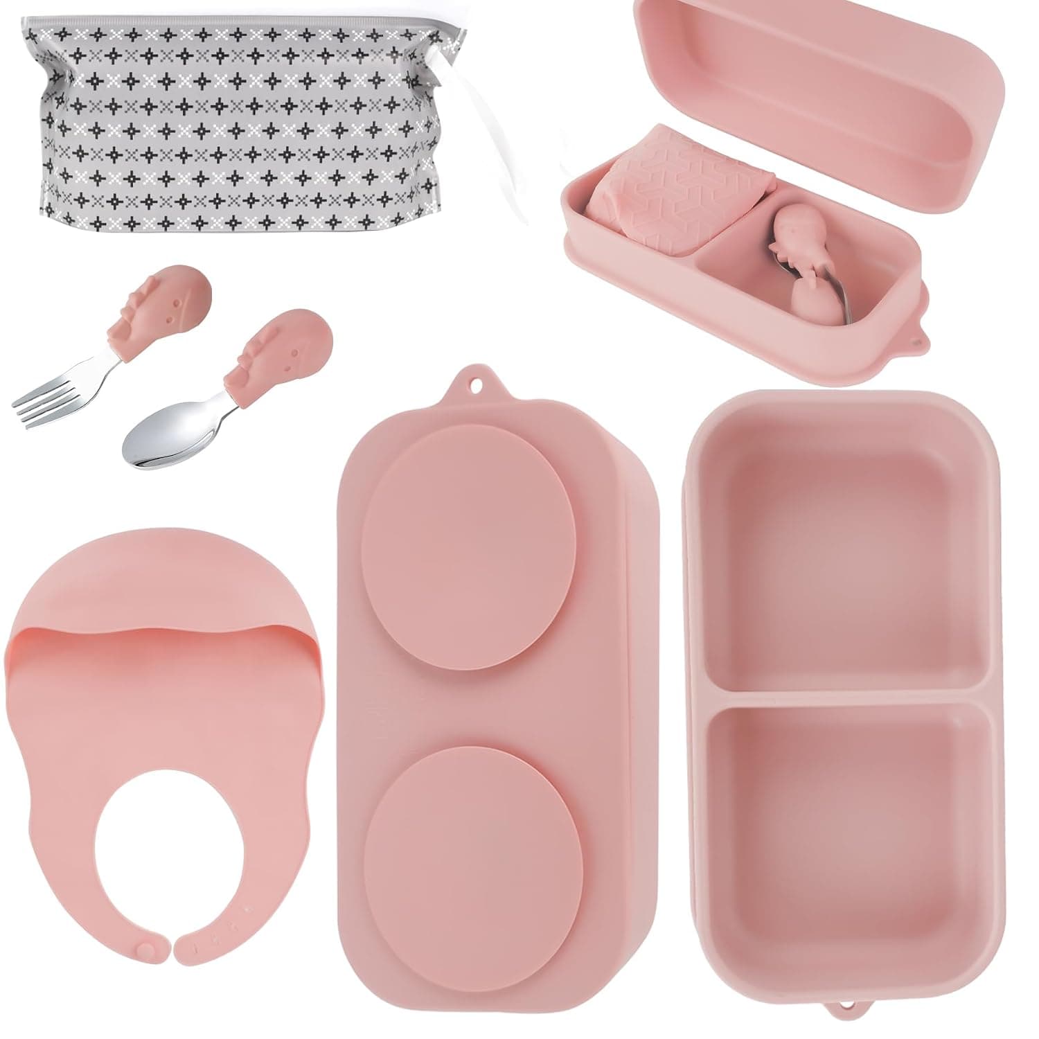 Travel Silicone Baby Feeding Set with 316 Stainless Steel Spoon & Fork ,Silicone Suction Plates, Foldable Bib, Storage Bag - Portable Infant Toddler Utensils, 6-Piece BPA-Free Dishware Kit（pink）