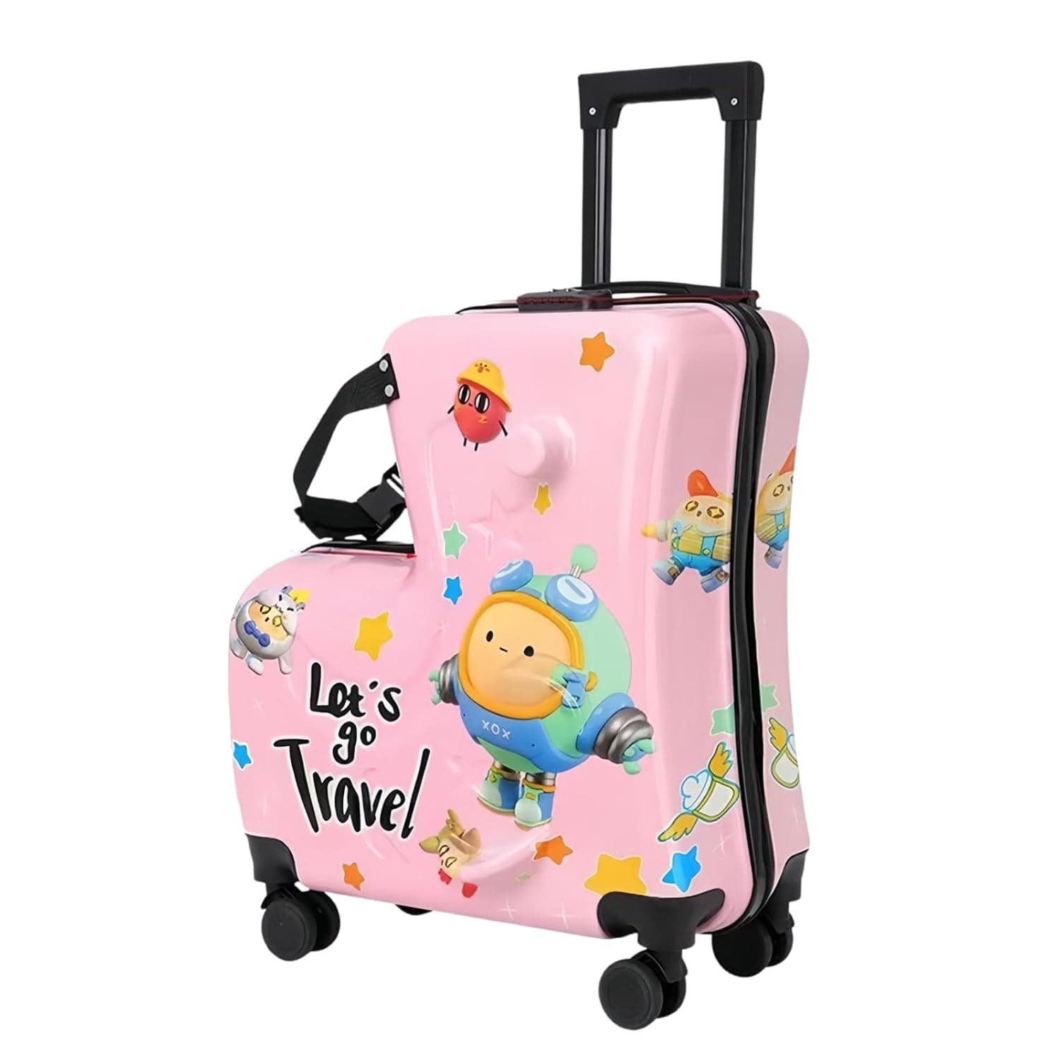 Kids Ride-on Luggage, Travel Suitcase with Seat for Children, 20" Cartoon Pattern Rolling Trolley Suitcase with Spinner Wheels, Telescoping Handle, Rideable & Combination Lock, Pink, Classic