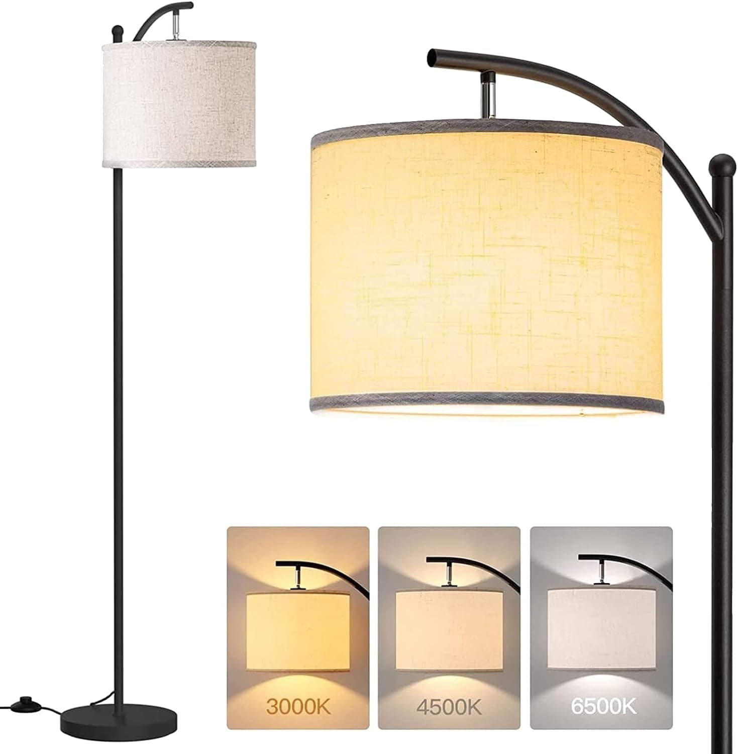 ULHYC Dimmable Floor Lamp with 3 Color Temperatures, Standing lamp with Foot Switch, Gray Linen Lamp Shade for Living Room, Bedroom, Kids Room, Office