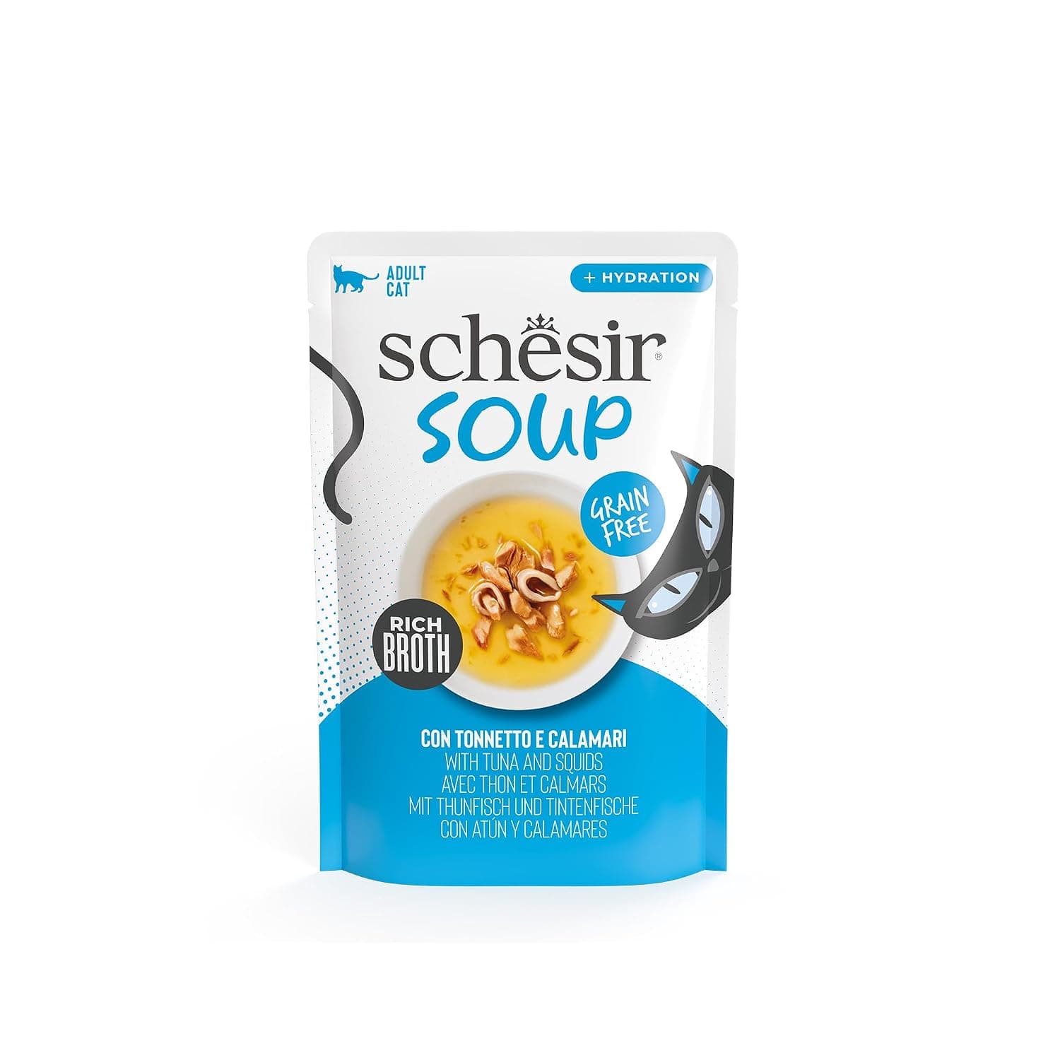 Schesir, Soup with Tuna Fillets and Squid, Complementary Wet Food for Cats, Original Recipe, 100% Natural, 12 Bags of 40 g