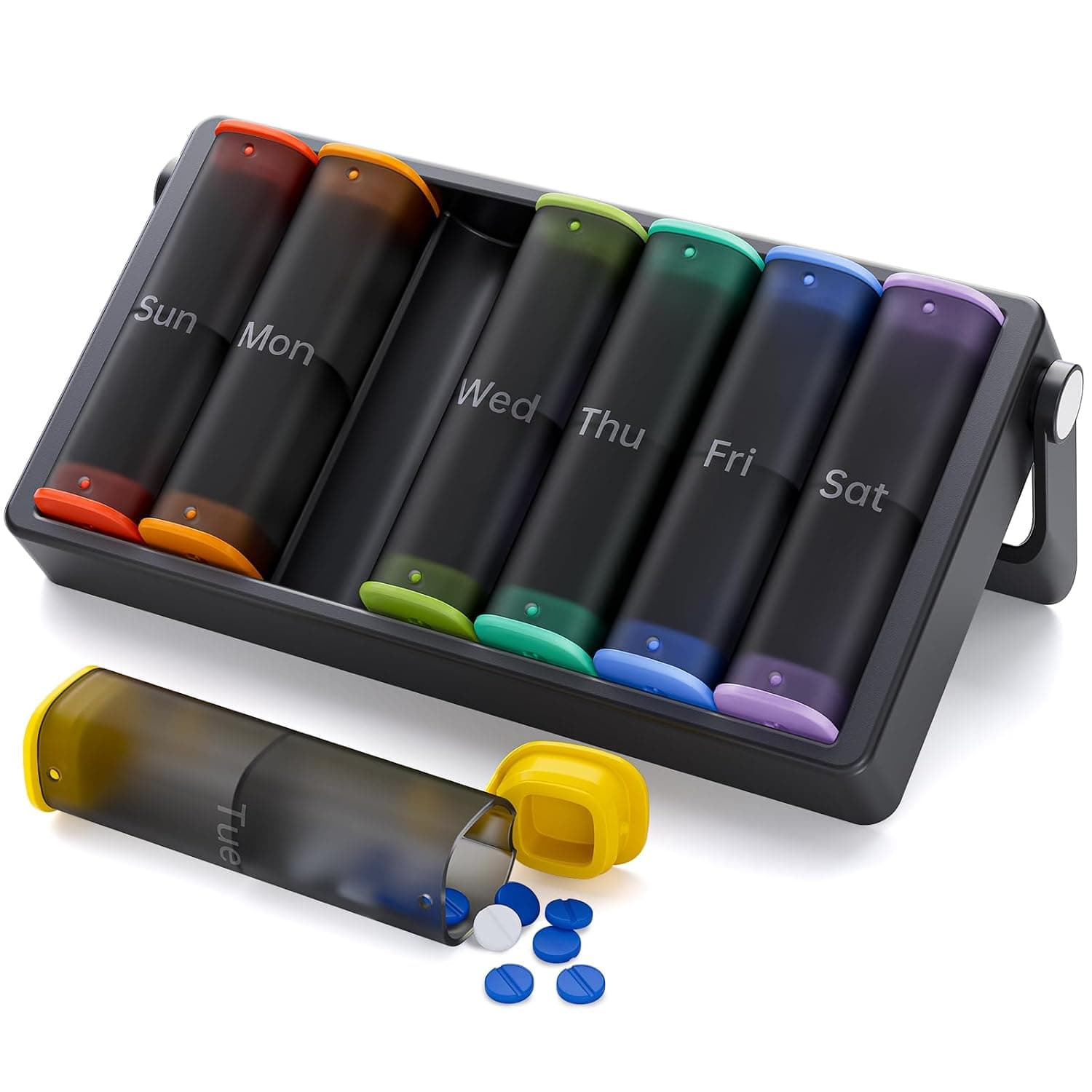 KOVIUU Upgraded Weekly Pill Organizer Travel, Large Pill Box 7 Day, 2 Times a Day Daily Pill Case with Rotatable Handle, Am Pm Twice Pill Holder Container for Vitamin, Medicine, Supplement, Black