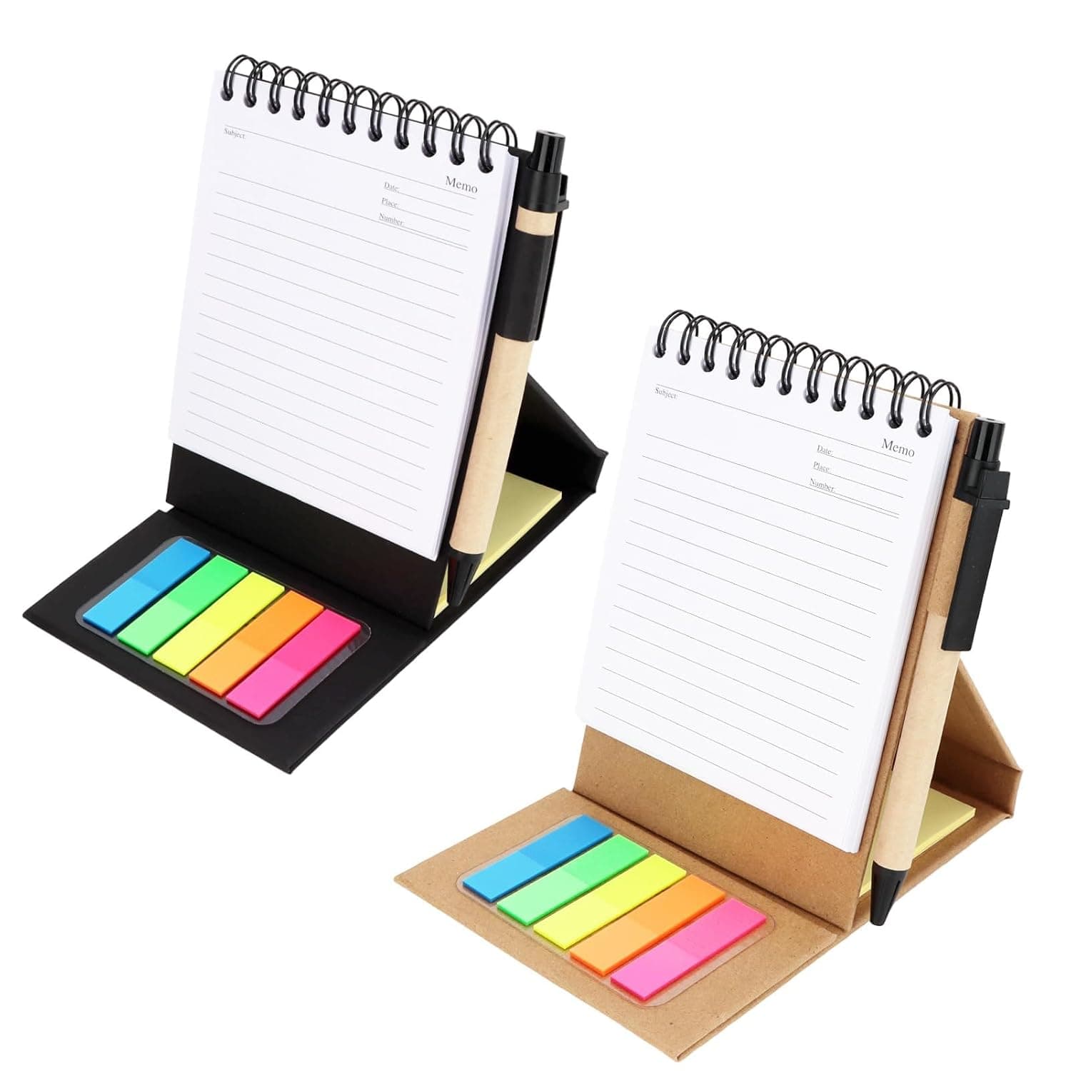 Sticky Notes, 2 Pack Spiral Standing Memo Notepads with Sticky Notes & Pen, Black & Kraft Mini Pocket Notebooks for Office School Supplies