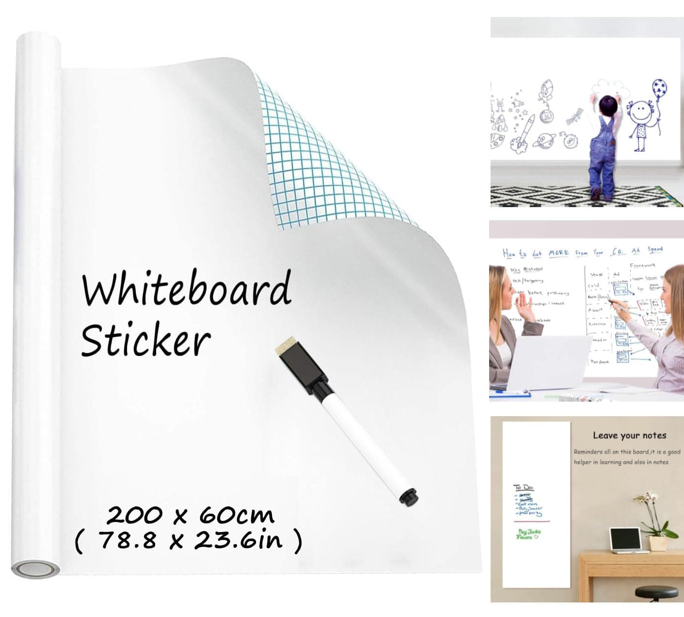 Self Adhesive Whiteboard Sticker, 60 x 200cm Peel and Stick Dry Erase White Board Roll, Stain-Proof Self-Adhesive Whiteboard Paper for Home, Office, Classroom