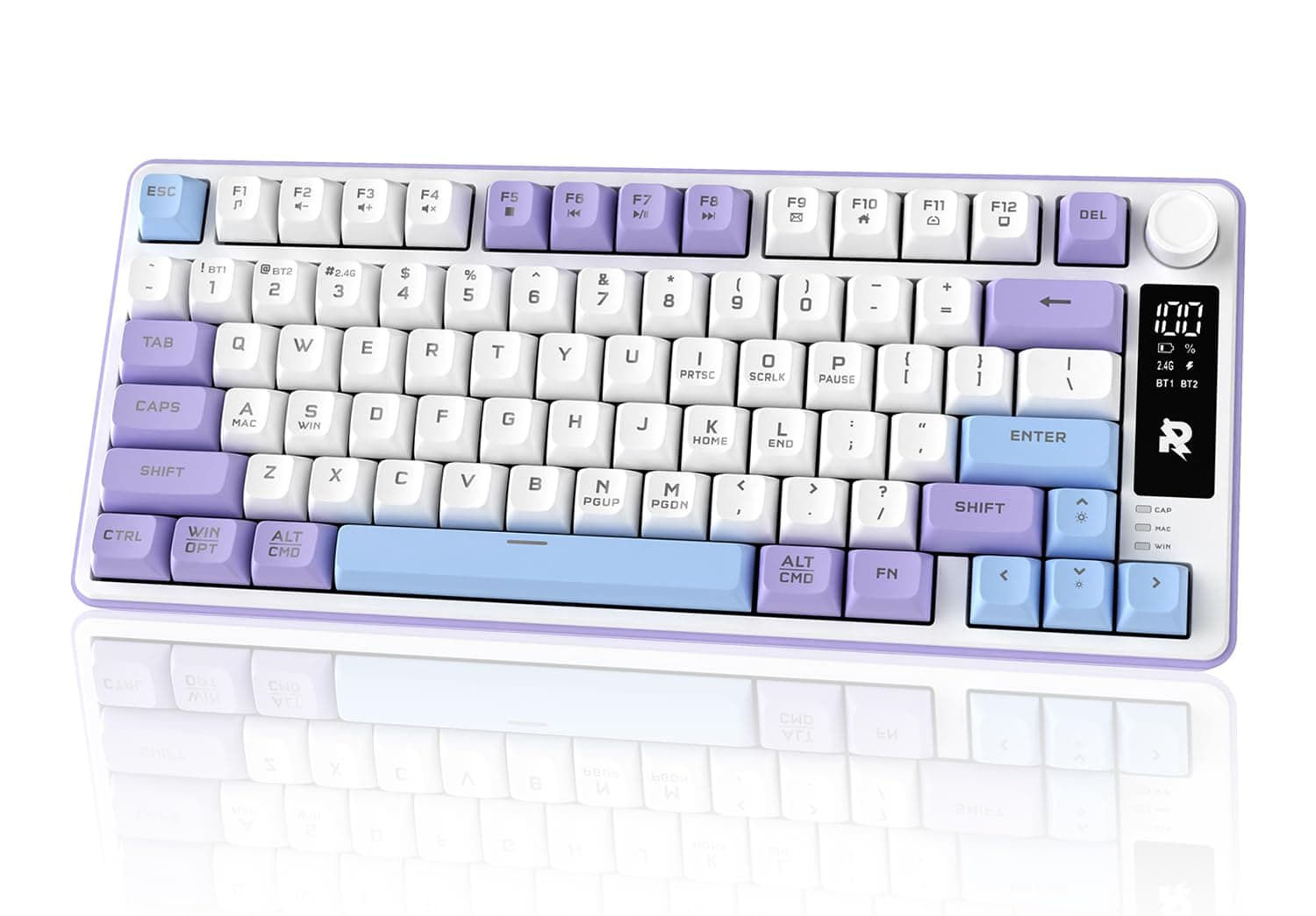 لوحة مفاتيح ألعاب لاسلكية 75% 77 مفتاح بلوتوث مع مقبض وسائط بإضاءة خلفية RGB ثلاثية الأوضاع BT/USB-C/2.4GHz 4000mAh مع غشاء هادئ للكمبيوتر والتابلت واكس بوكس وبلاي ستيشن 4 و5 من روك باو