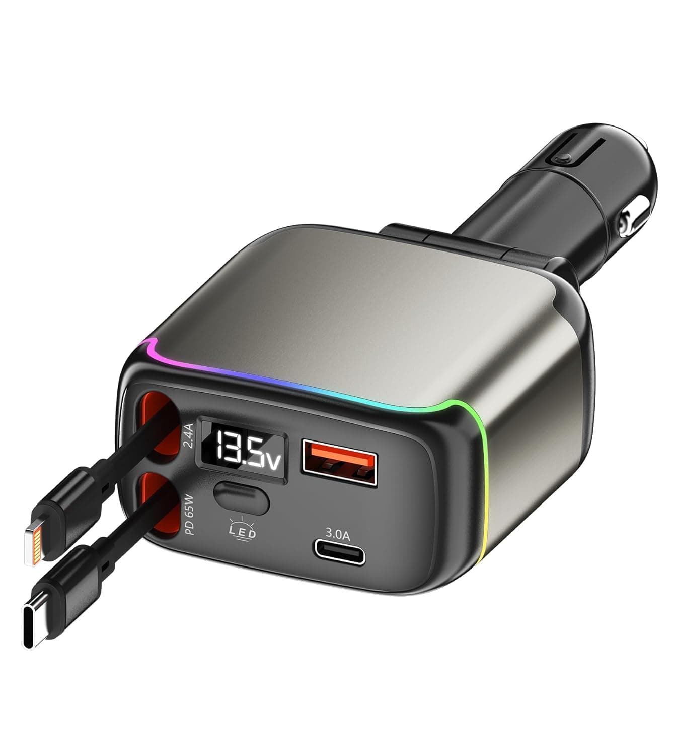 XXZU 137W Retractable Car Charger, 65W USB C Fast Charging with Dual Retractable Cables, 2 Charging Ports, Voltage Display, Cigarette Lighter, 4-in-1Car Charger Adapter for iPhone/Android/iPad/Laptop