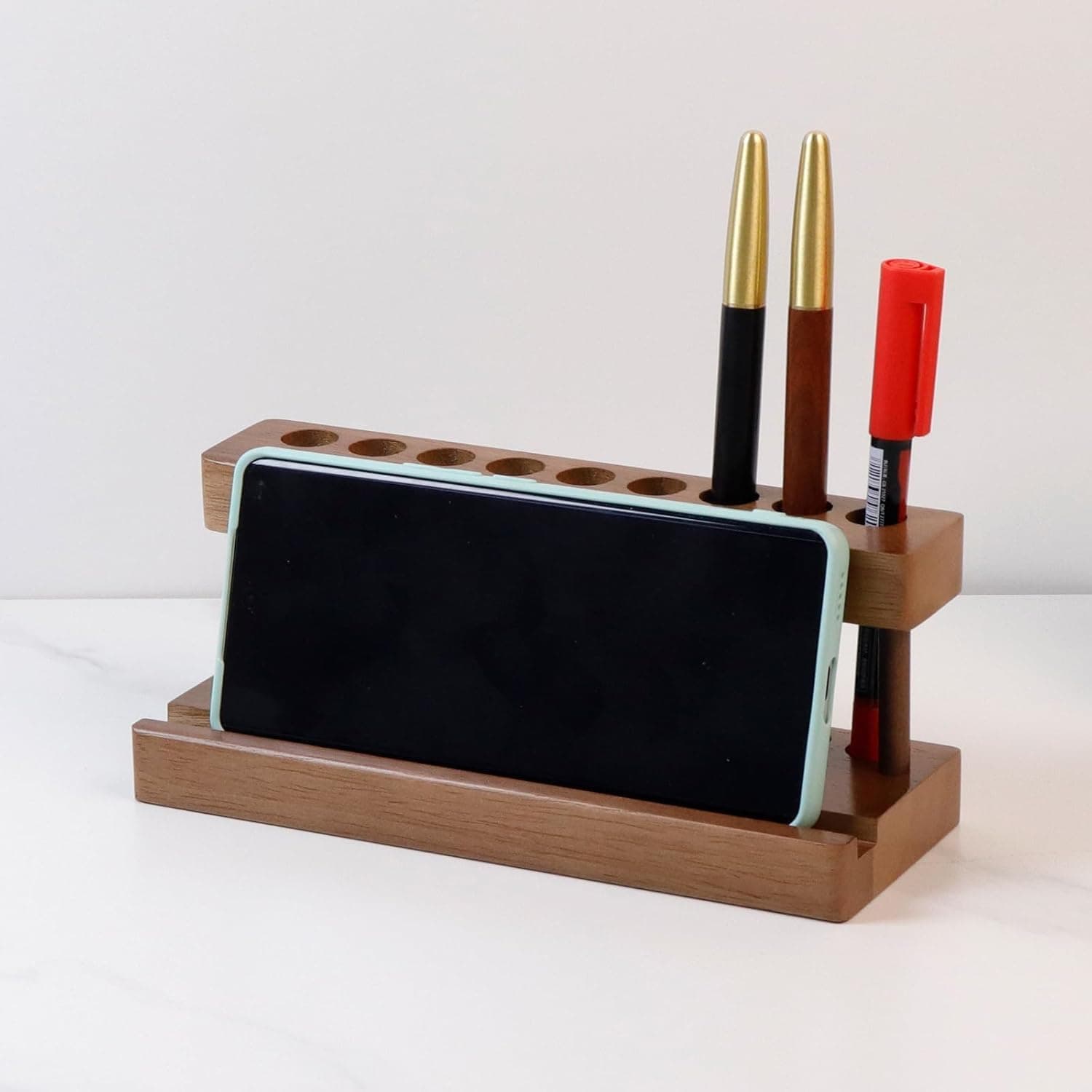 Bukela Wooden Pen Holder with Phone Stand, 9-Slot Walnut Desk Organiser Wood for Office, Solid Wood Pencil Holder for Tidy Desktop
