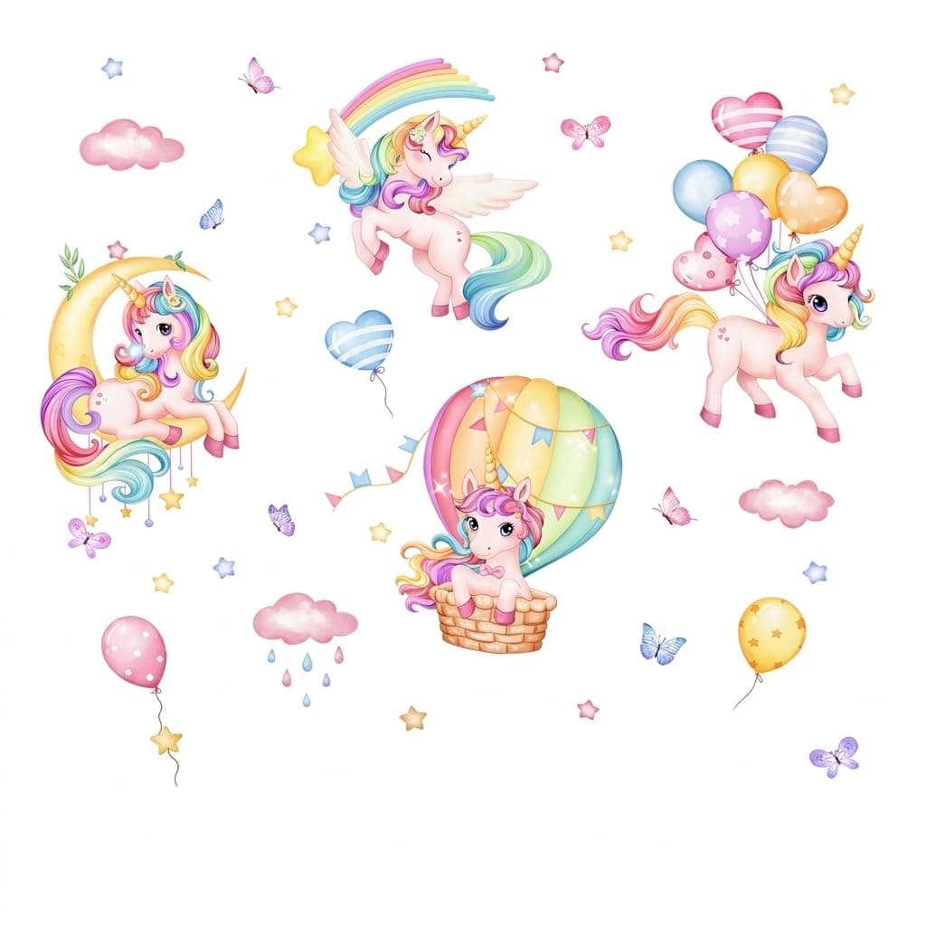 Unicorn Wall Decals Peel and Stick Wall Decor, Hot Air Balloon, Moon, Clouds and Stars for Girls Room, Baby Nursery, Kids Bedroom, Playroom, Classroom