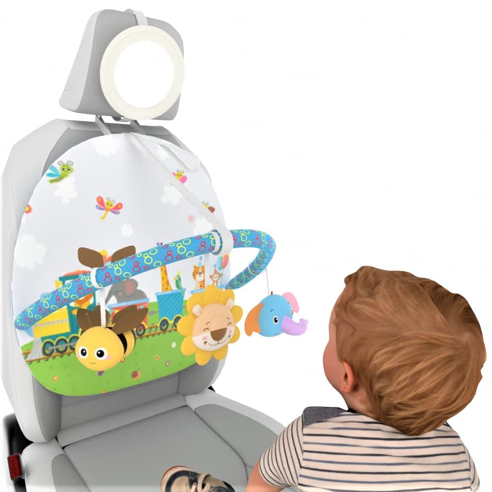 Baby car seat toy with Rear Mirror and arch activity center for play and kick 0 Months up (Forest)