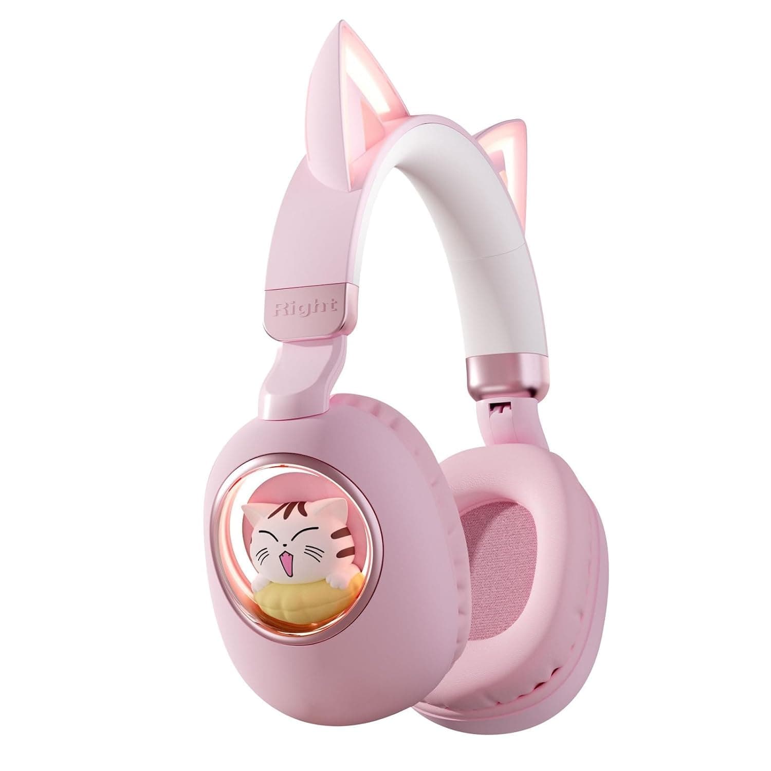 Azonee Cat Ear Kids Bluetooth Headphones, Foldable LED Light Up Headphones Stereo Over Ear with Microphone/TF Card Wireless Headphone for iPhone/iPad/Smartphone/Laptop/PC/TV (Pale Pink)