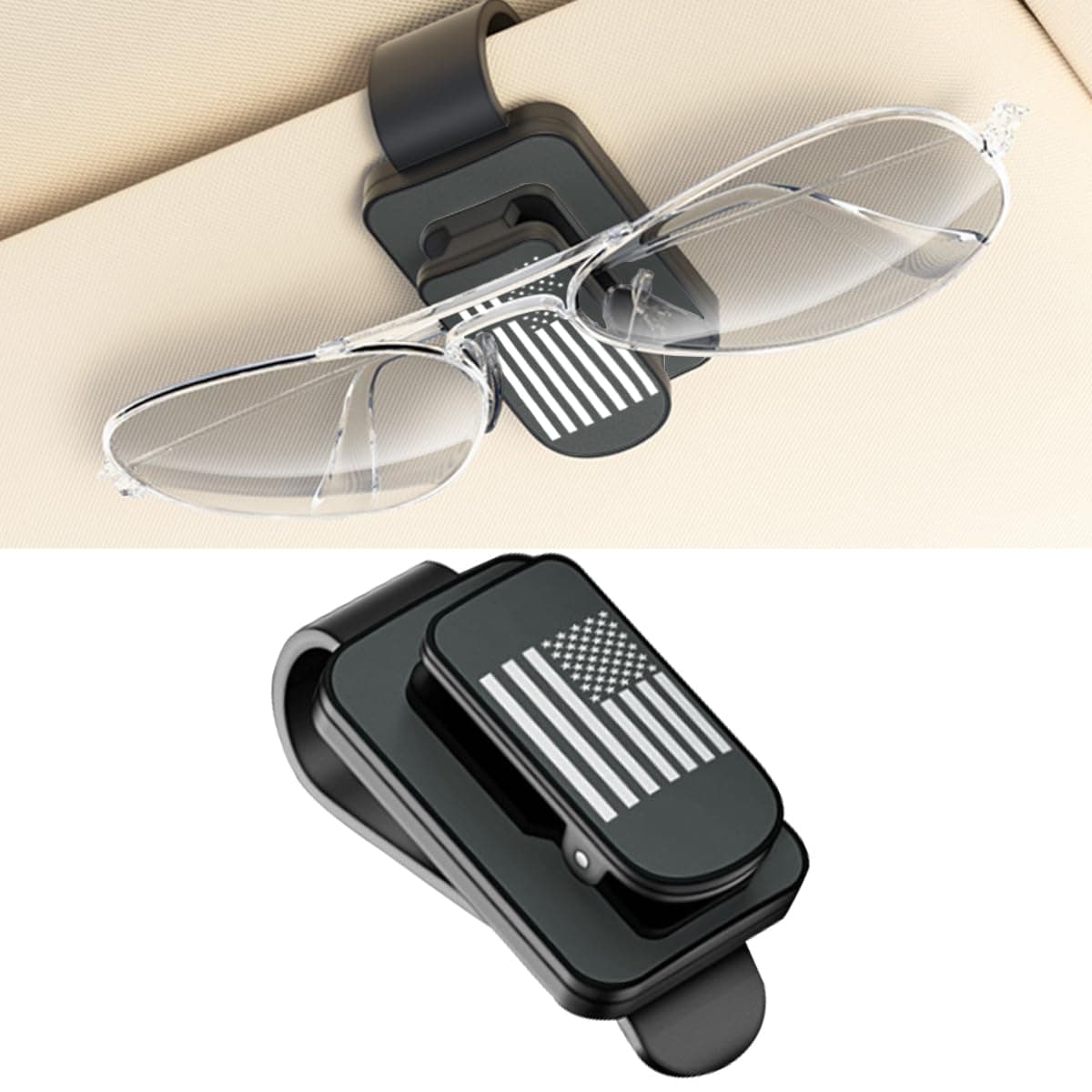 smilfuy US Flag Sunglass Holder for Car Visor, Metal Auto Eyeglass Hanger Mount, Multi-Function Card Ticket Clip, Universal Vehicle Organizer Accessories for Different Size Eyeglasses (Black+Grey)