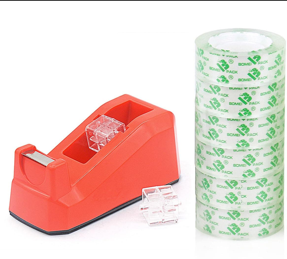 BOMEI PACK Tape Dispensers Desk, 1 Pack Red with 6Rolls Transparent Tape Refills, 1 Inch Core, for Gift Wrapping, School, Office and Home