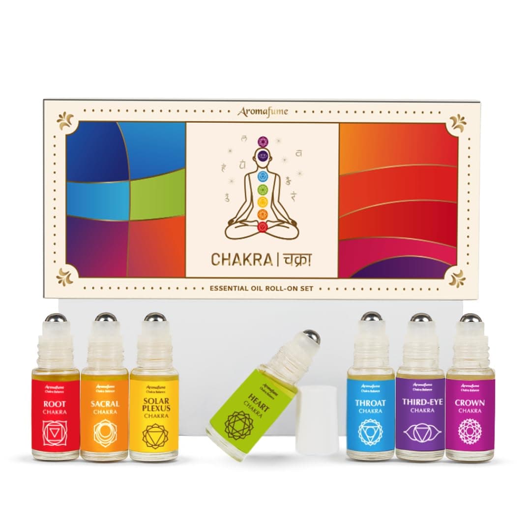 Aromafume 7 Chakra Essential Oil Blend Roll-On Set by | 7 x 6ml | 1 x Sahasrara, Ajna, Vishuddha, Anahata, Manipura, Swadhisthana, Muladhara | Yoga, Meditation, Chakra Healing & Alignment | Aromatherapy Roll-on Oils for Meditation, Chakra Balance | Yoga & Reiki Gifts | Perfume Oil Roll-ons