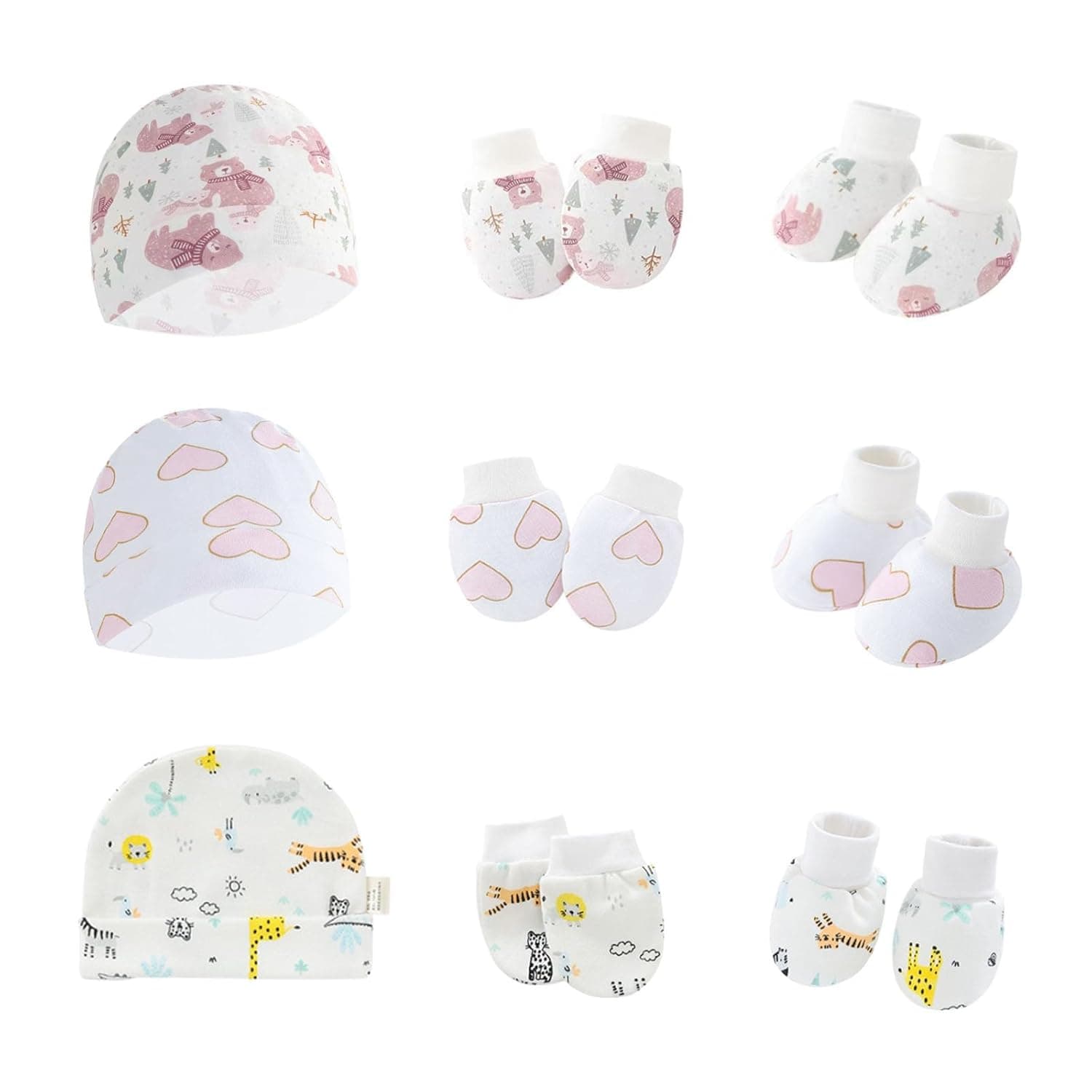 3 Pairs Newborn Turban Hats Mittens Foot Cover Set - Soft Cotton Infant Beanie Hat, Anti-Scratch Mittens & Foot Cover - Unisex Baby Boy & Girl Essentials