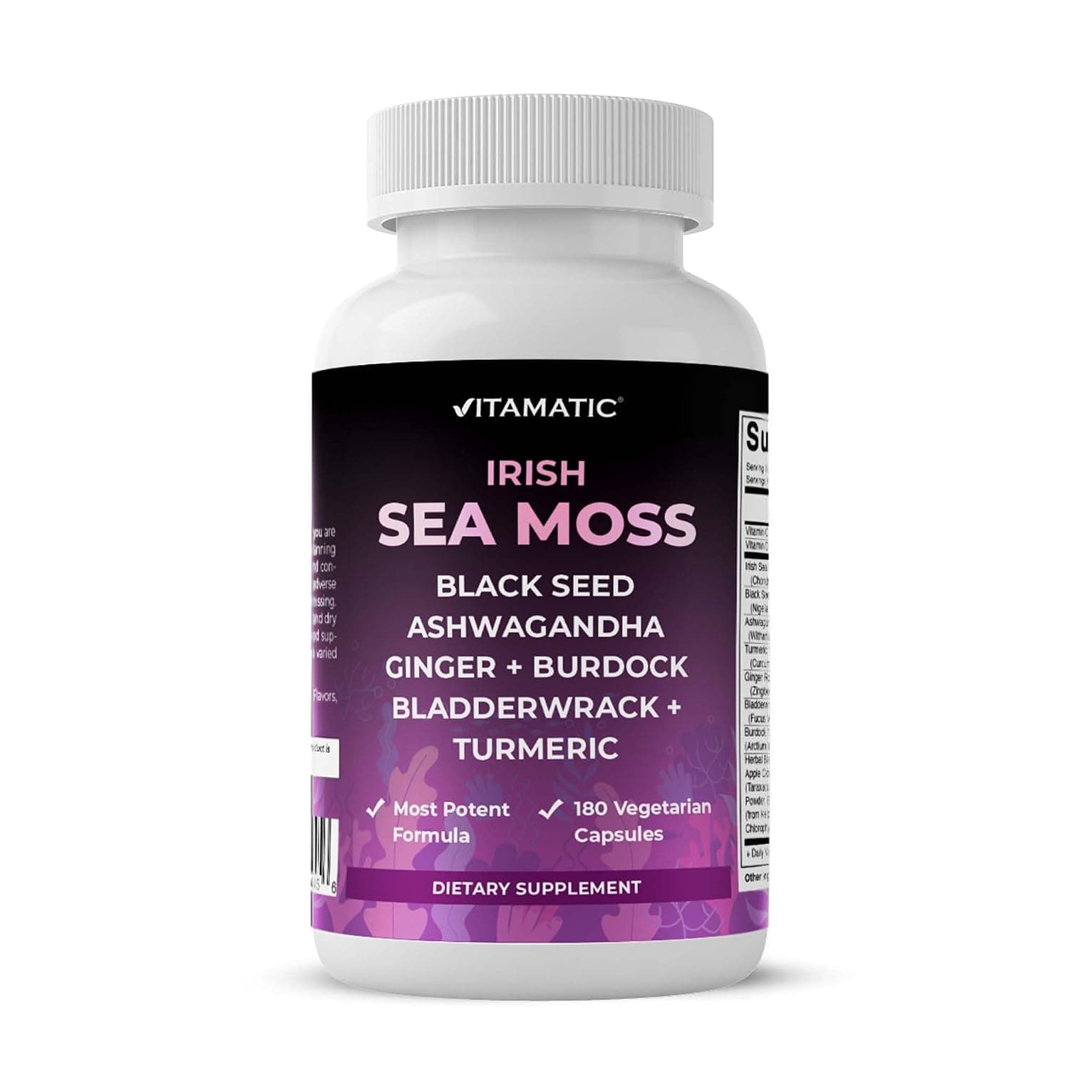 Vitamatic Sea Moss with Black Seed Oil, Ashwagandha, Turmeric, Bladderwrack & Burdock - 180 Vegan Capsules.