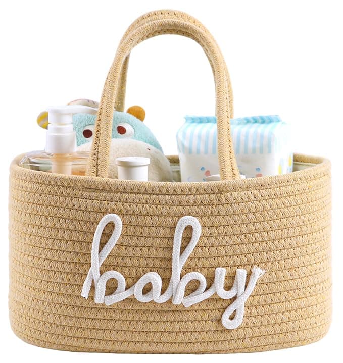 Baby Diaper Caddy Organizer, Nursery Storage Bin Basket for Baby Shower and Baby Wipes- Cotton Rope Portable Diaper Bag for Changing Table, Newborn Essentials Gift-Tan