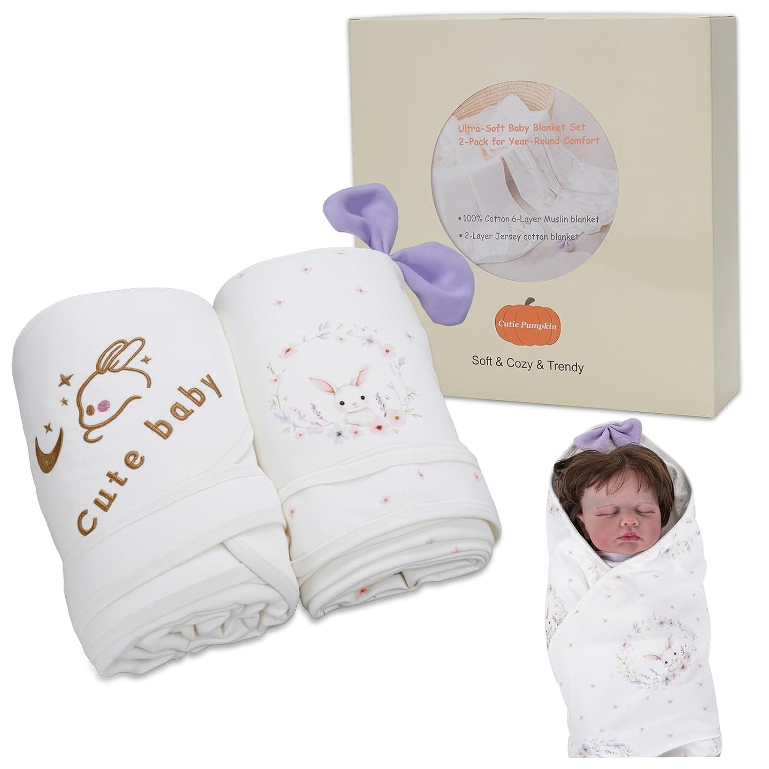 2 Pack Hooded Newborn Baby Swaddle Blankets|100% Cotton 6-Layer Muslin & 2-Layer Jersey |Multiuse Newborn Baby Nursery Receiving Blankets Wrap,Essentials Infant Shower Gift(35"×35"