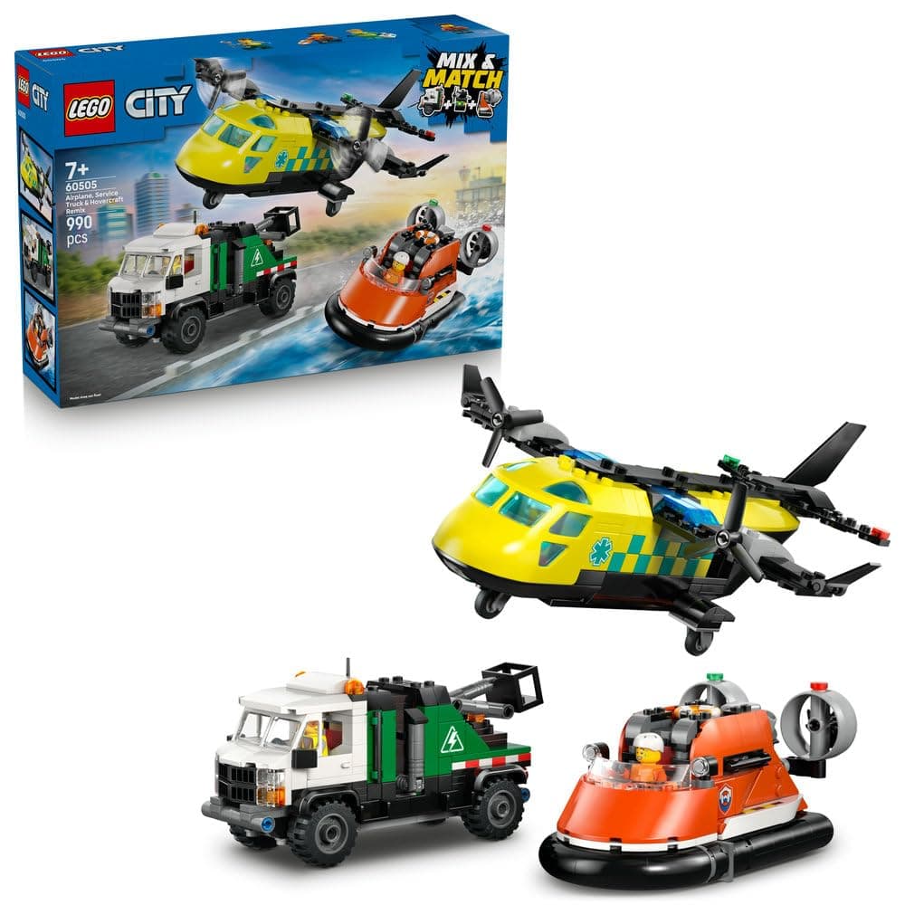 LEGO City Airplane, Service Truck & Hovercraft Remix 60505 | 3-in-1 Model Vehicles Kit, Mix & Match Builds & 3 Minifigures, STEM Toy, Gift for 7+ Year Old Boys & Girls, 990 Pieces