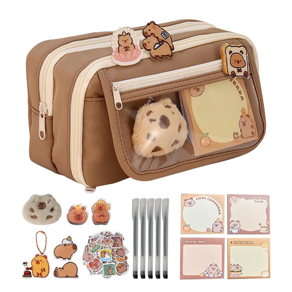 Cute Capybara Pencil Case Set, Azonee Clear Aesthetic Pen Pouch with Plush, Pins, and Multi-Layer Compartments, Large Capacity for School Supplies