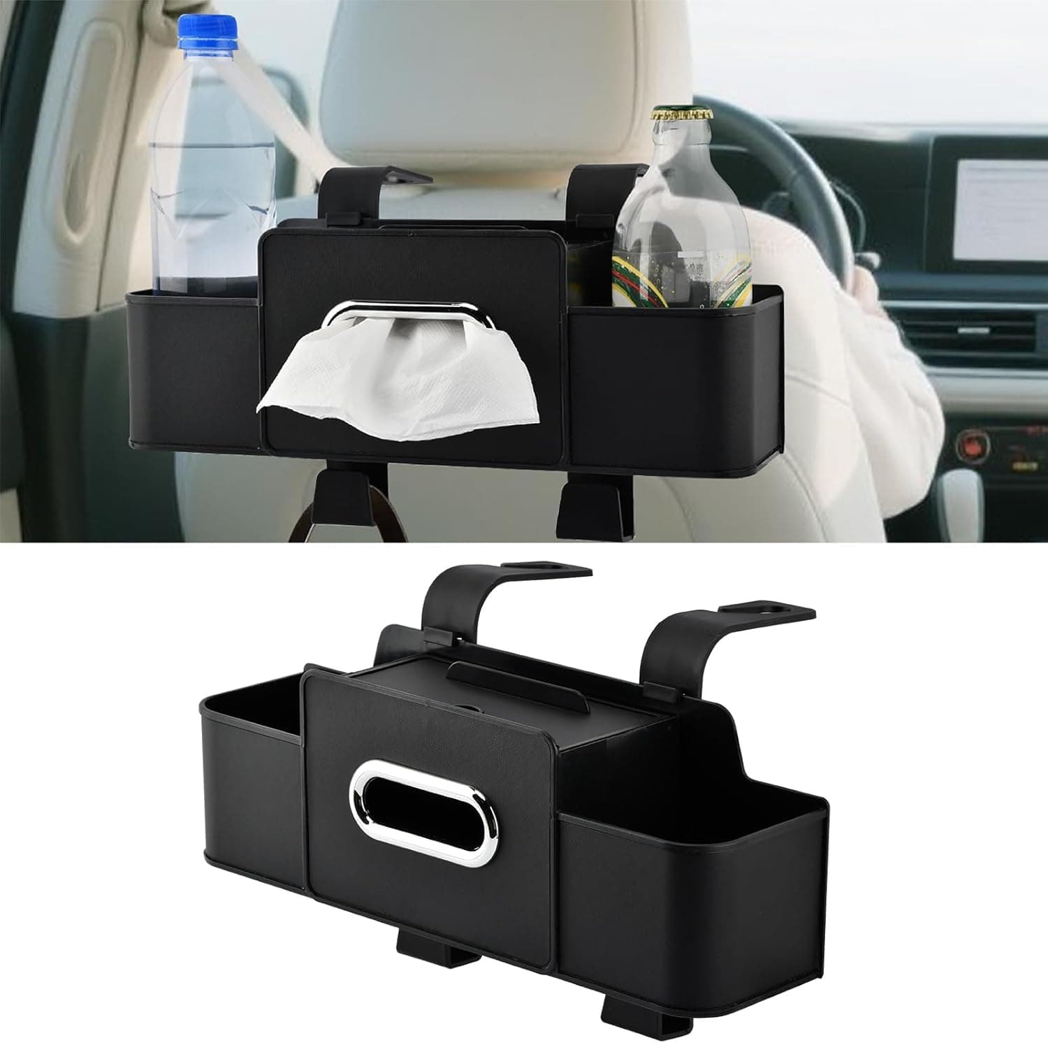 Tazweeq 4-in-1 Car Back Seat Organizer, Car Storage Bag with 2 Cup Holders, Tissue Box and Hooks, Practical Holder for Snacks, Toys, Phone Drinks Handbag Fit Most Vehicles, Black