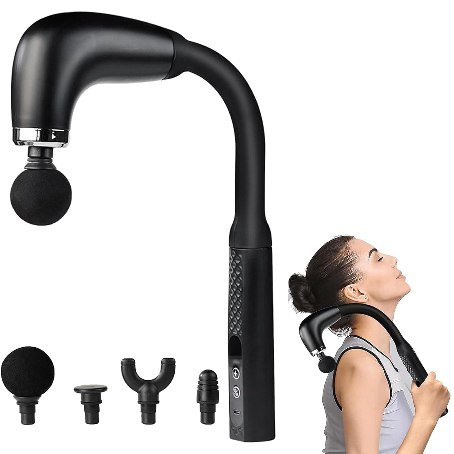 Electric back massager - Ergonomic Massage Gun with 4 Replaceable Heads - 9-Level Intensity, Low Noise (45dB), USB Rechargeable - for Shoulders, Neck, Back Pain Relief/Relaxation