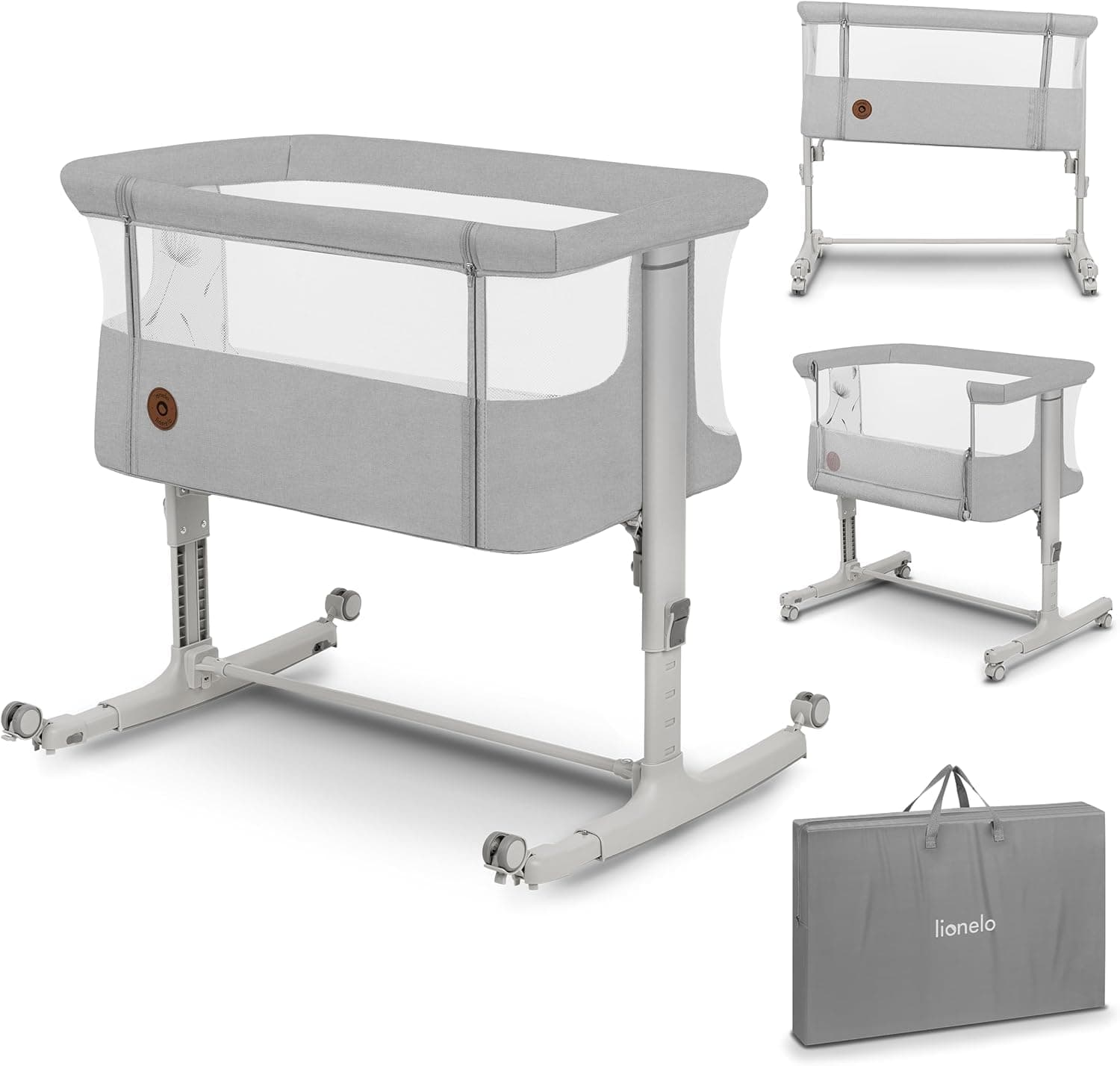 Lionelo Aurora 3-in-1 Baby Bedside Cot, Beige Sand, 85 x 59.3 x 81.4 cm, Steel/Plastic/Polyester, From Birth Up to 9 kg, Co-Sleeper, Cradle, Adjustable Height, Mattress, Wheels, Carry Bag