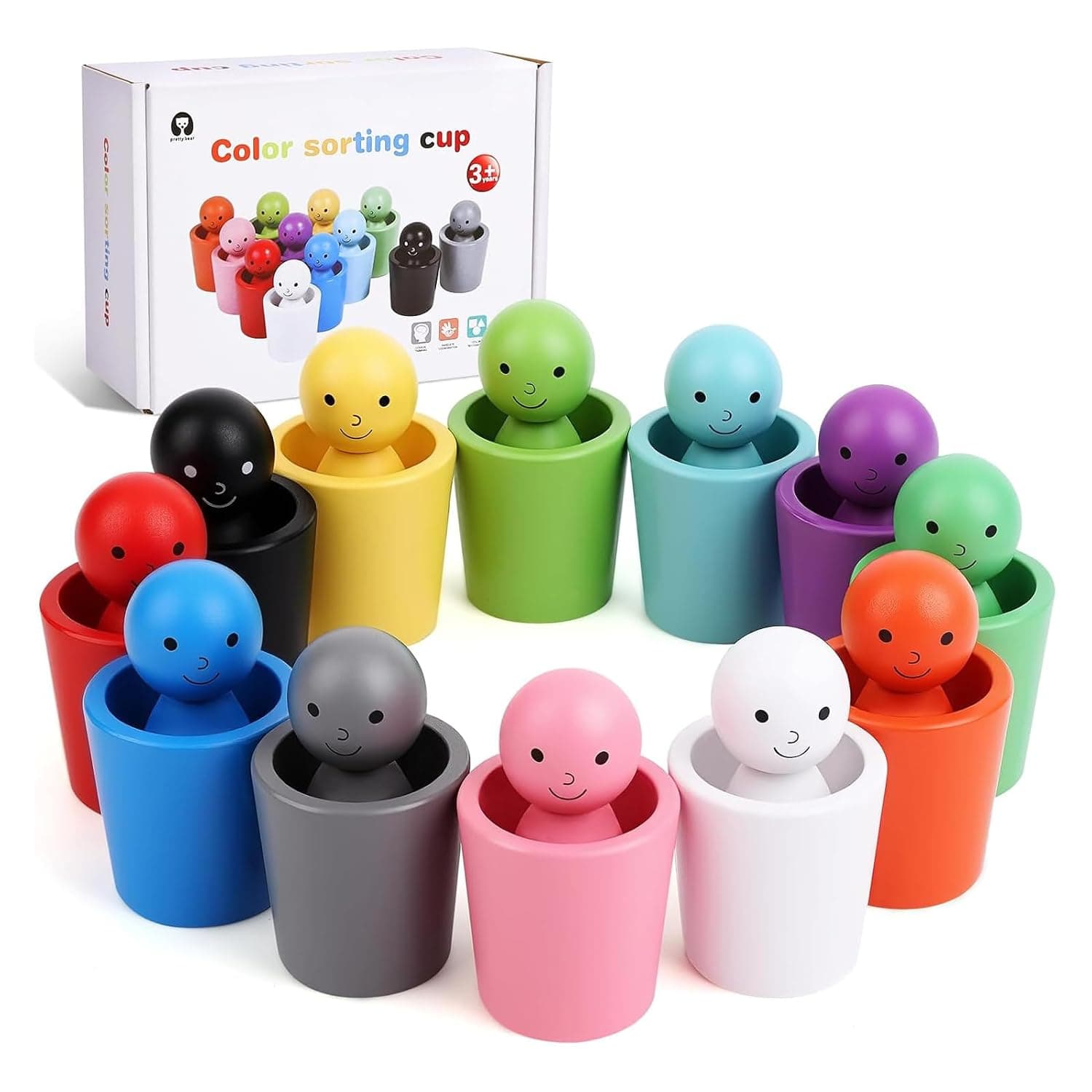 Soofam Wooden Montessori Rainbow Sorting Toy, Color Sorting Cups, Wood Color Sorting Sensory Toy, Stacking Cups Toys for Ages 2-4, Hand-Eye Coordination & Color Recognition