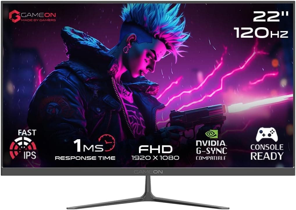 GAMEON 22” IPS Gaming Monitor – FHD 1920x1080, 120Hz, 0.5ms MPRT, FreeSync G-Sync, HDMI 2.1 Port, Ultra-Slim Design, PS5 Compatible, Console & PC Gaming Ready, GOES22FHD120IPS - Black