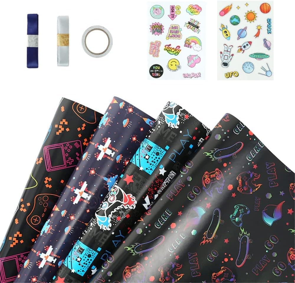 Jfadg Birthday Wrapping Paper for Kids, 4 Style Gaming Skate Wrapping Paper, 8 Sheets Folded Gift Wrapping Paper with Stickers, for Video Game Lover, Boys Girls