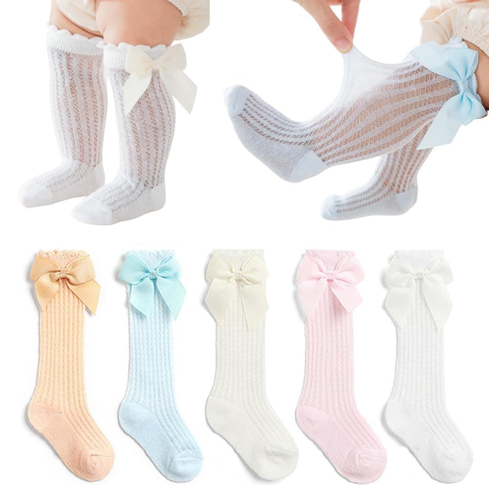 Goodern 5 Pairs Baby Girls Knee High Mesh Socks,Soft Breathable Infants Toddlers Bowknot Dress Socks Newborn Infants Thin Socks Toddler Bow Mesh Long Stockings Kids Cotton Uniform Stockings-0-1 Years