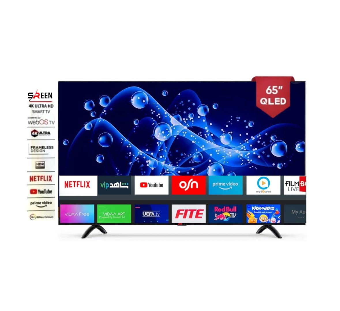 Sreen 65 Inch 4K QLED Smart TV, WebOS, HDMI, USB, Frameless Monitor, Black - SRET-65S4KWQ1