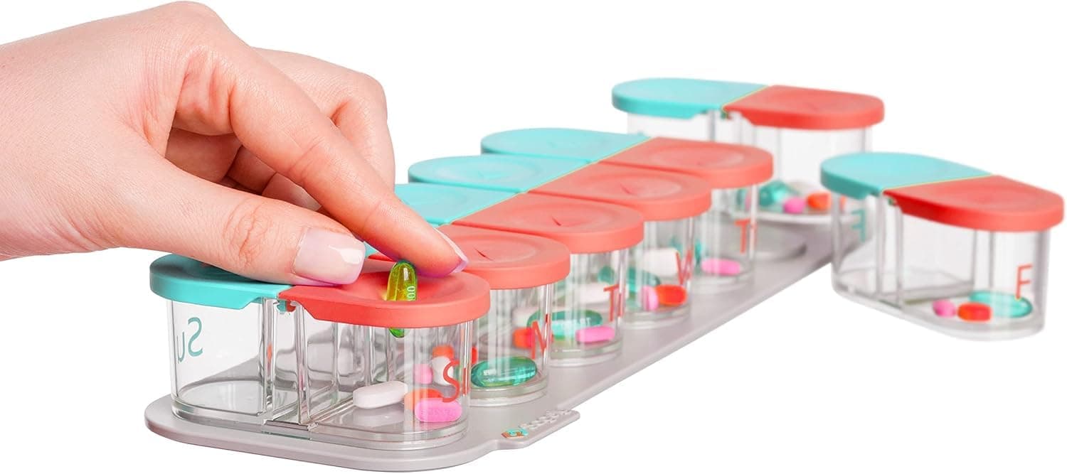 Sagely Smart XL Weekly Pill Organizer AM/PM - Medicine Storage Organizer with Reminder Alarm App (Large Enough to Fit Fish Oil, Cod Liver Oil, Vitamin D Supplements & Vitamins) (Mint Blue/Coral)
