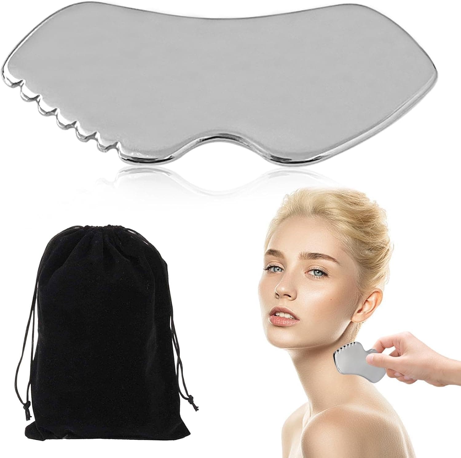 YelaJoy Silver Gua Sha Massage Tool, Facial Scraping Board, Skin Tightening Massager, Body Care Beauty Device with Storage Bag, Relaxation and Wellness Therapy