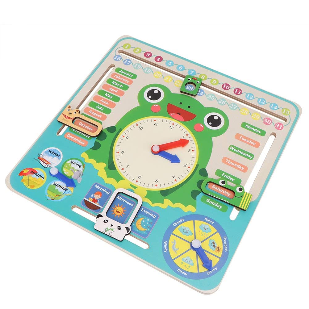 RiToEasysports Wooden Calendar Clock for Kids Educational Toy with | Safe Non-toxic Water Paint, 11.8x11.8x0.3 Inch, Includes Date Week Month Time Season Cognitive Learning