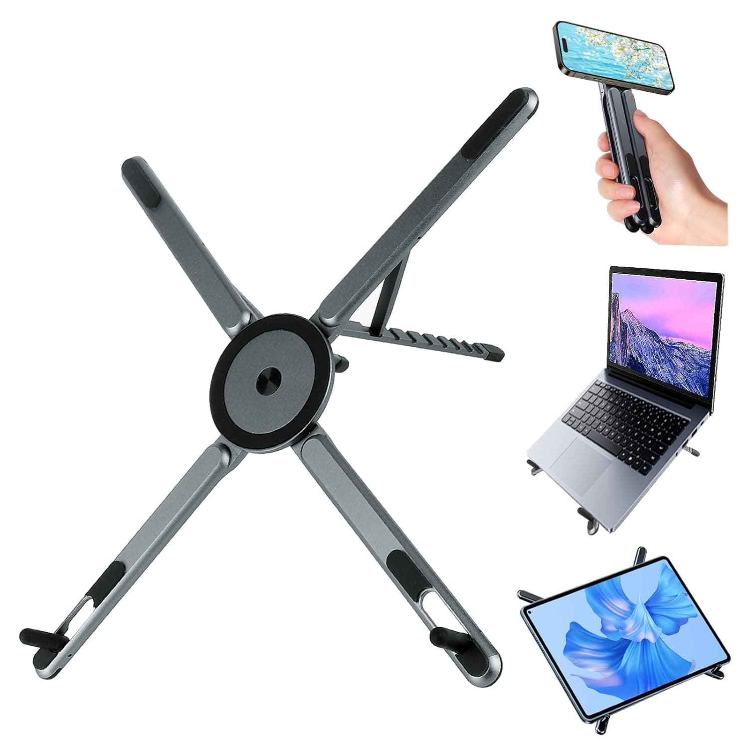 Foldable Laptop Stand for Desk, 8-Angle Adjustable Aluminum Portable Holder with Magnetic Mount, All-in-One Stand for Laptop, Tablet and Phone, Non-Slip Base, Compatible with 10-15.6 Inch Laptops